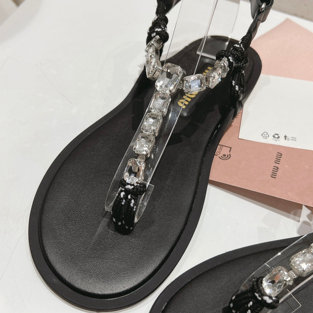 Crystal/Black Cotton Cord Thong Sandals