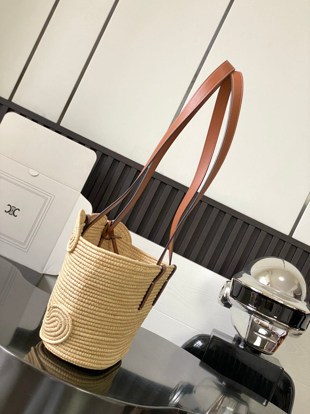 Tan Classic Panier Small Braided In Raffia & Leather