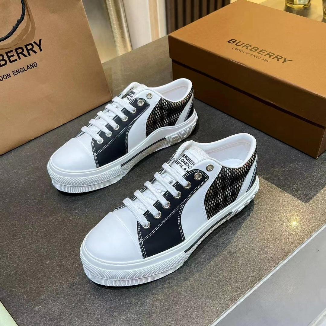 Women's Black & White Vintage Check Cotton, Mesh and Leather Sneakers