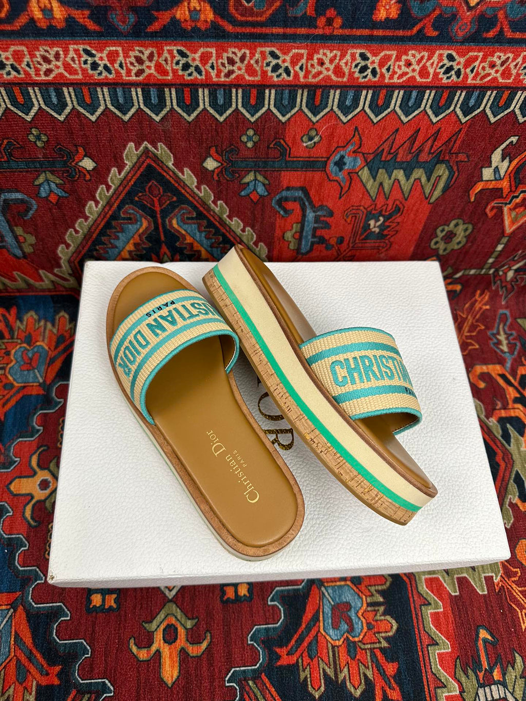 Natural Raffia & Aquamarina Embroidered DD Platform Slide