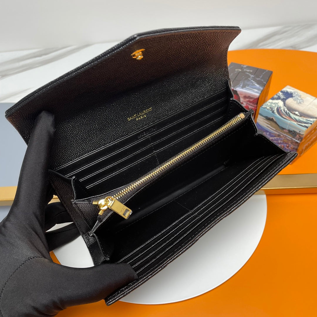 Black Large Flap Wallet With Gold-Tone Hardware