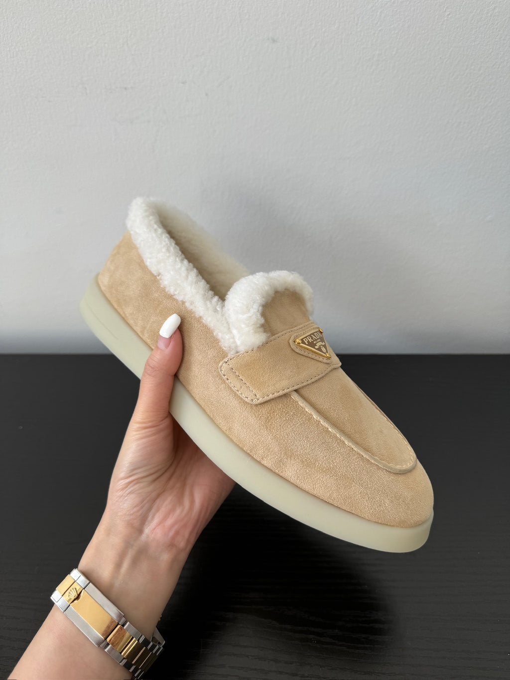 Ecru Suede & Shearling Loafers