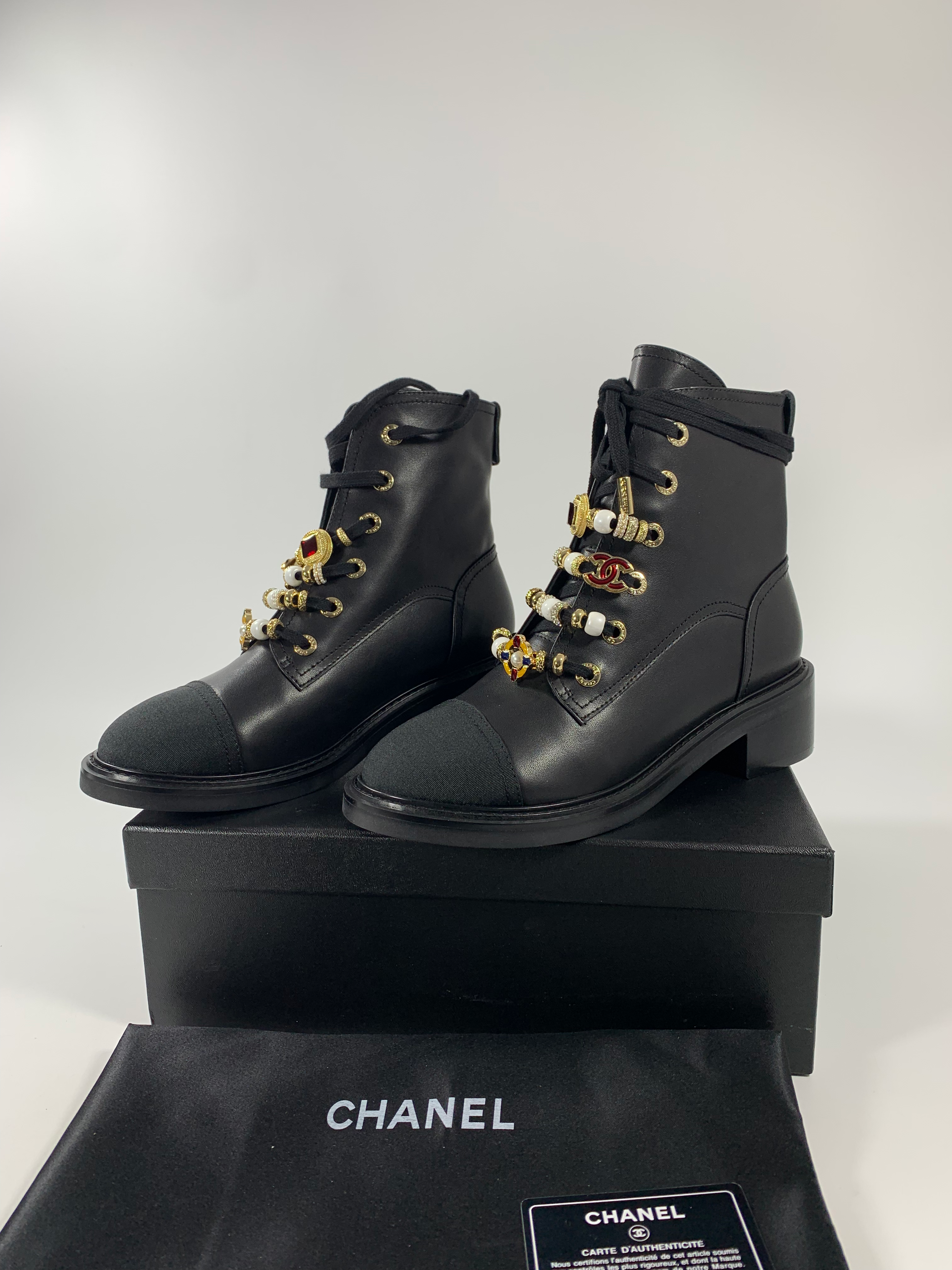 Leather, Grosgrain, Imitation Pearls, Strass & Metal Combat Boots