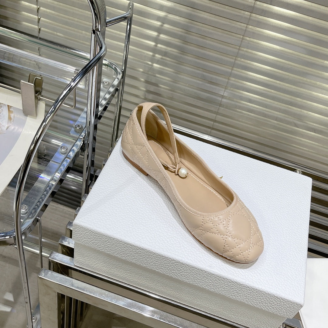 Nude Quilted Ballet Flat With Strap