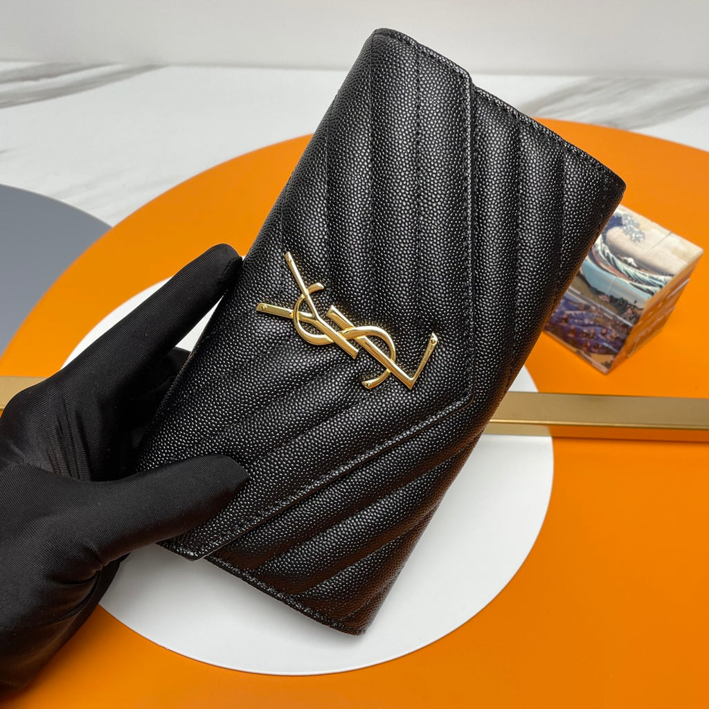 Black Large Flap Wallet With Gold-Tone Hardware