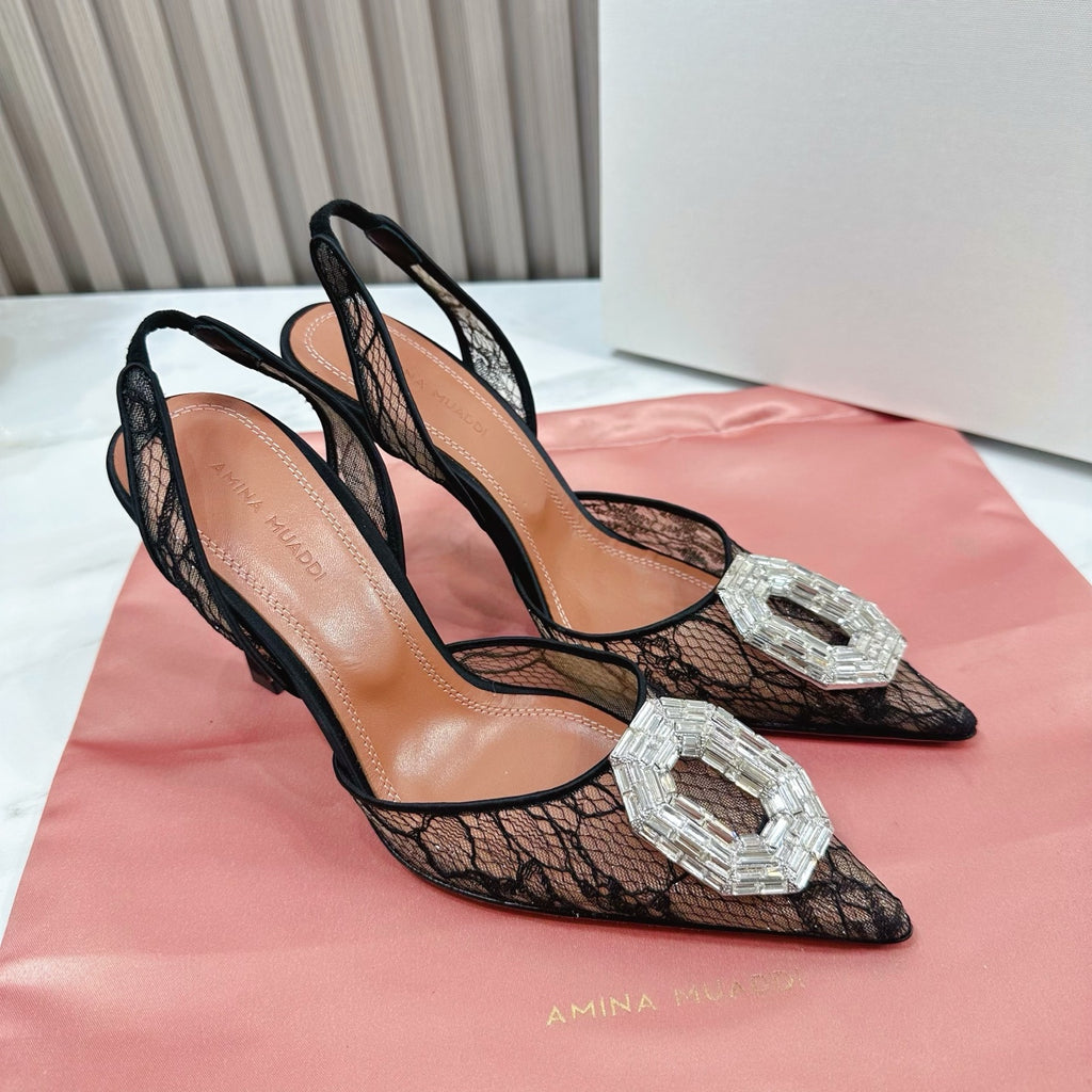 Black Camelia 90 Lace Slingback Pumps