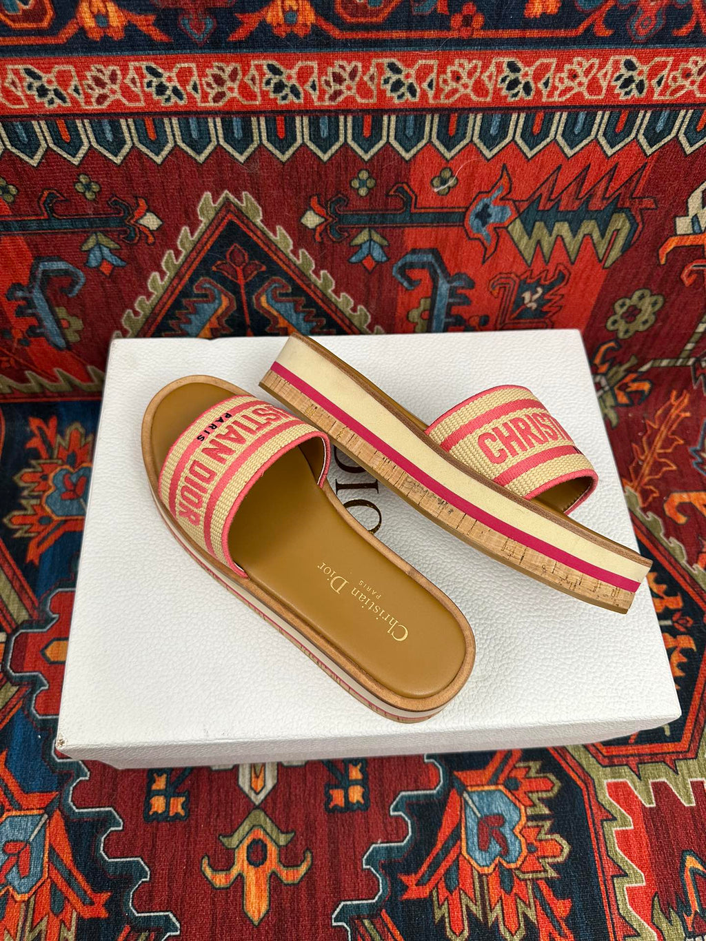 Natural Raffia & Pink Embroidered DD Platform Slide
