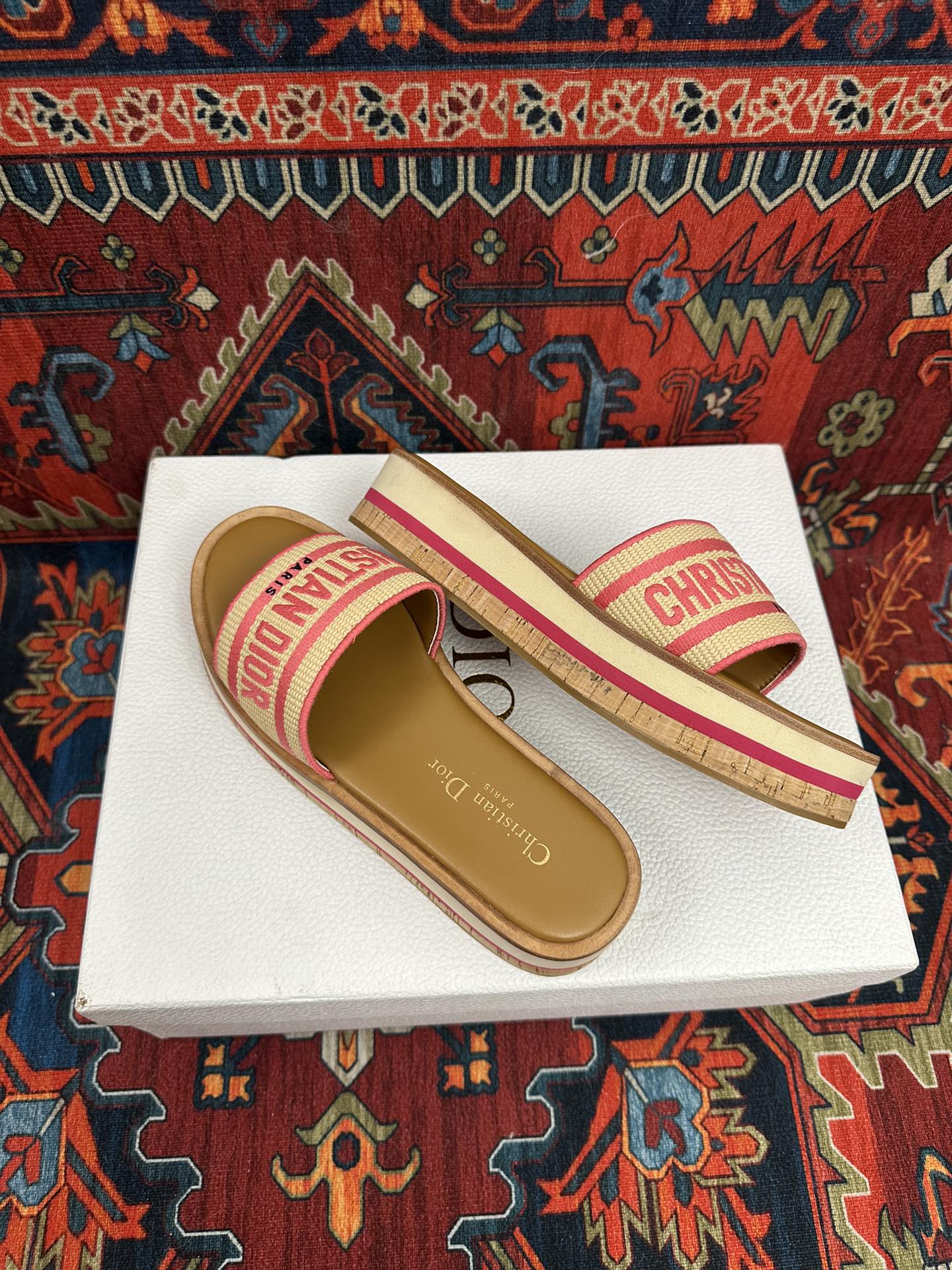 Natural Raffia & Pink Embroidered DD Platform Slide