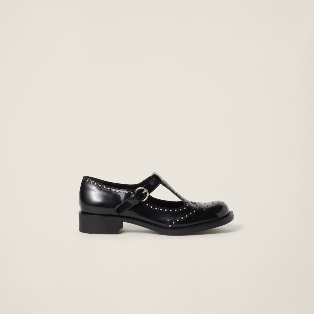Black Brushed Leather T-Strap Brogue Shoes