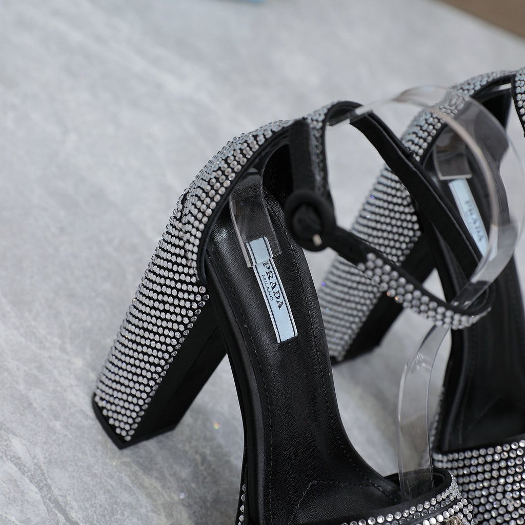 Black Satin Platform Sandals With Crystals