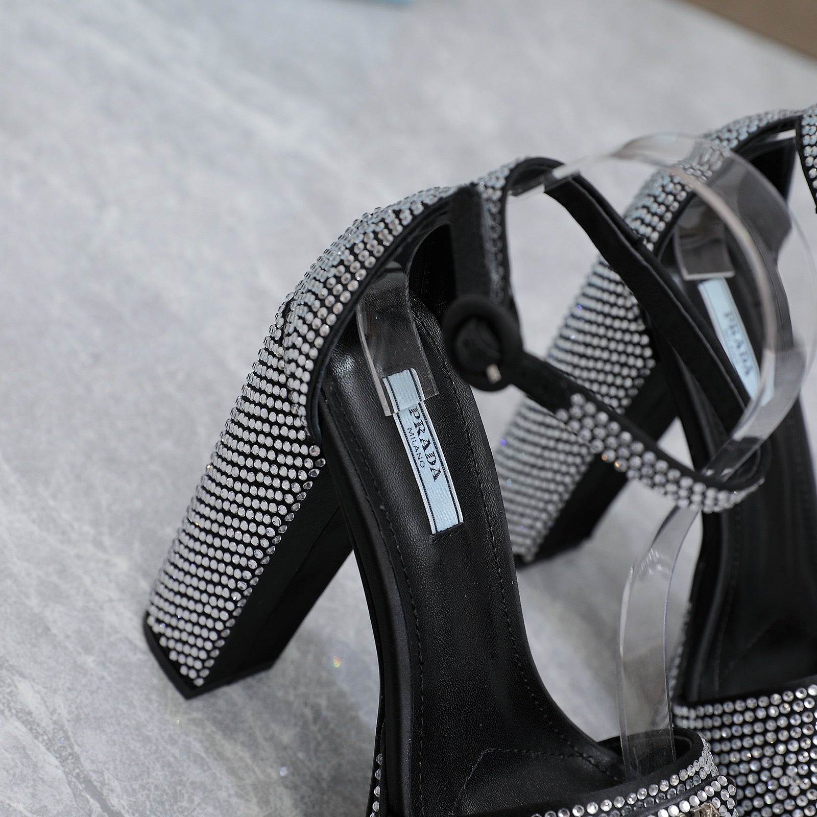 Black Satin Platform Sandals With Crystals