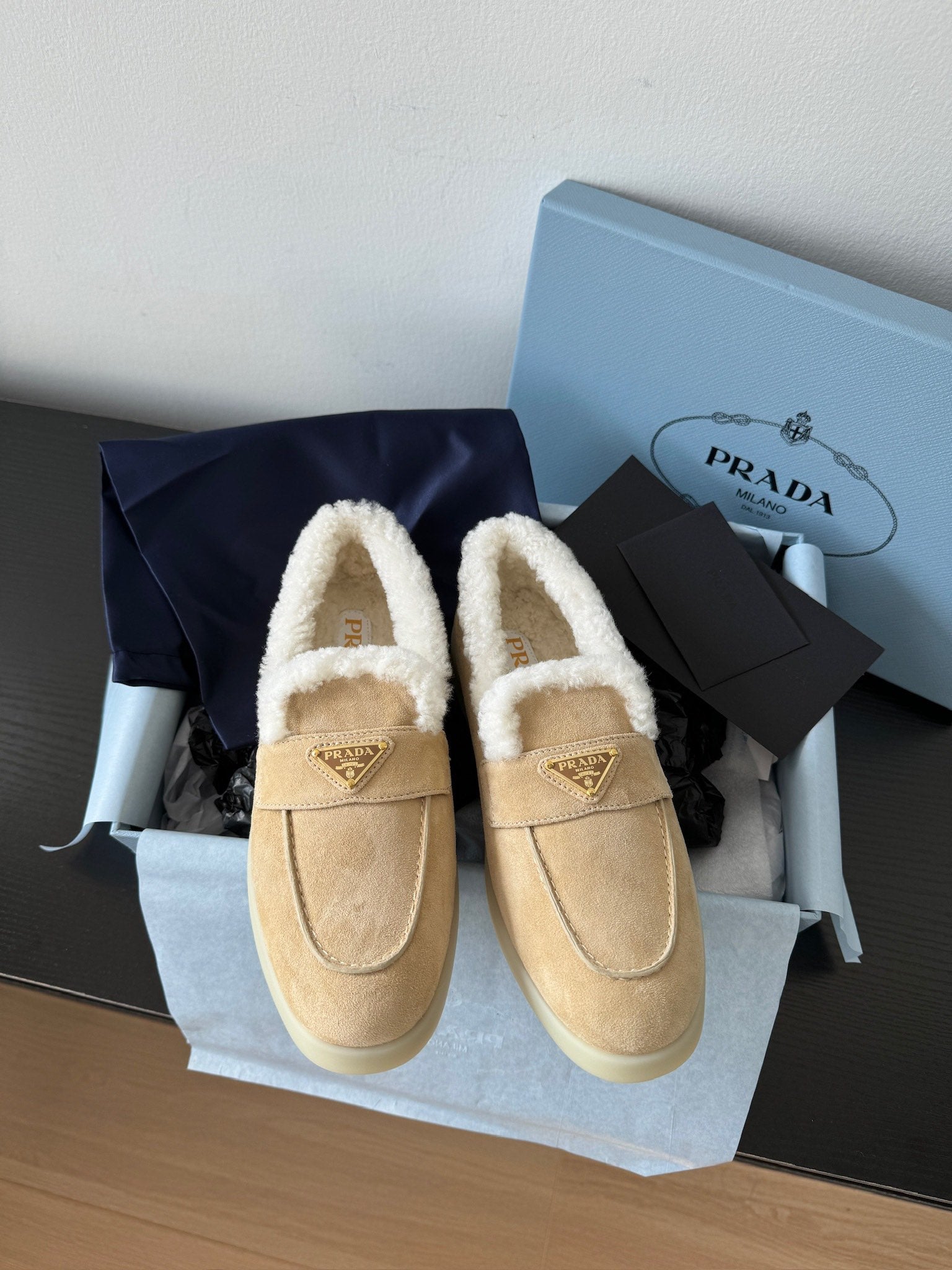 Ecru Suede & Shearling Loafers