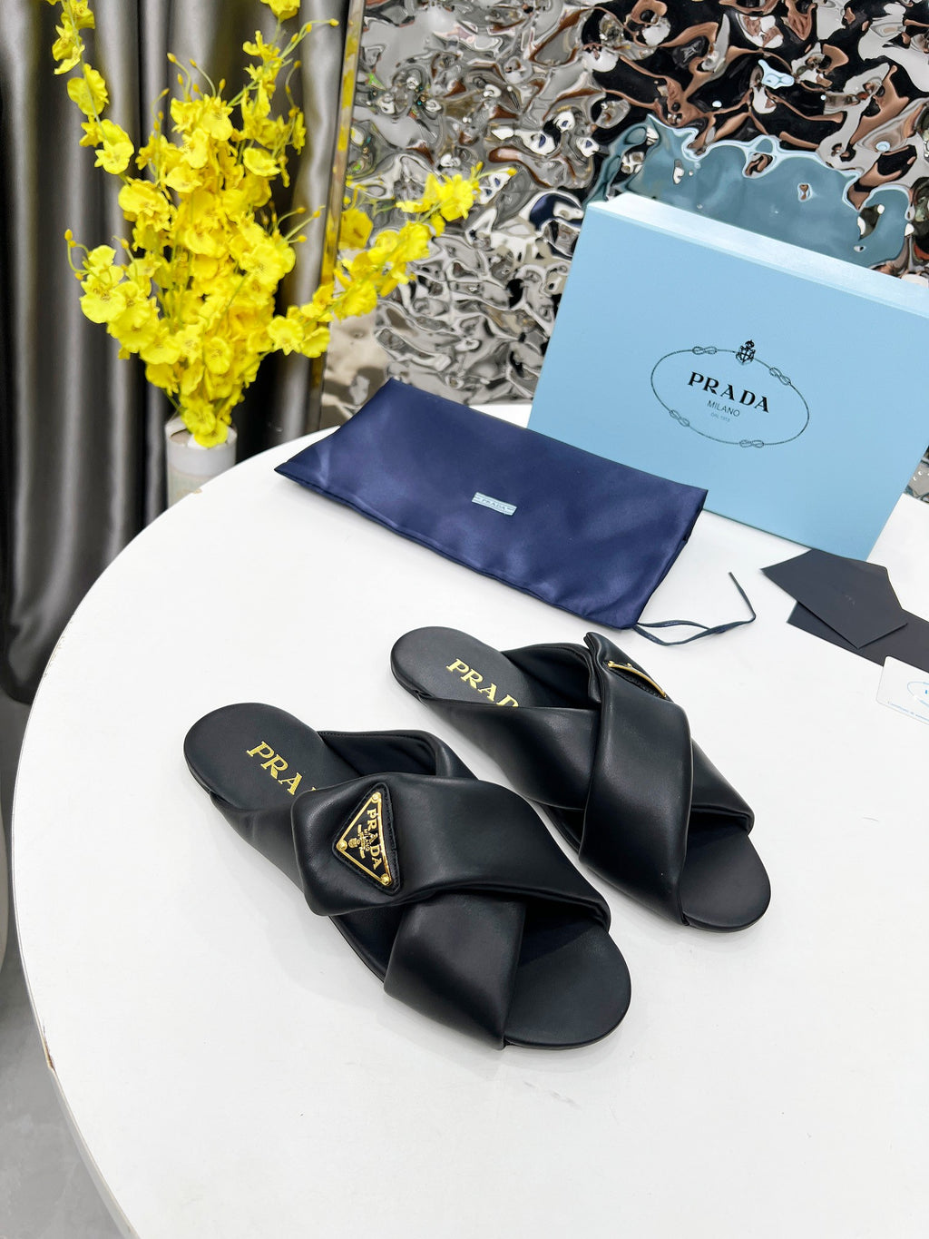 Black Padded Leather Slides