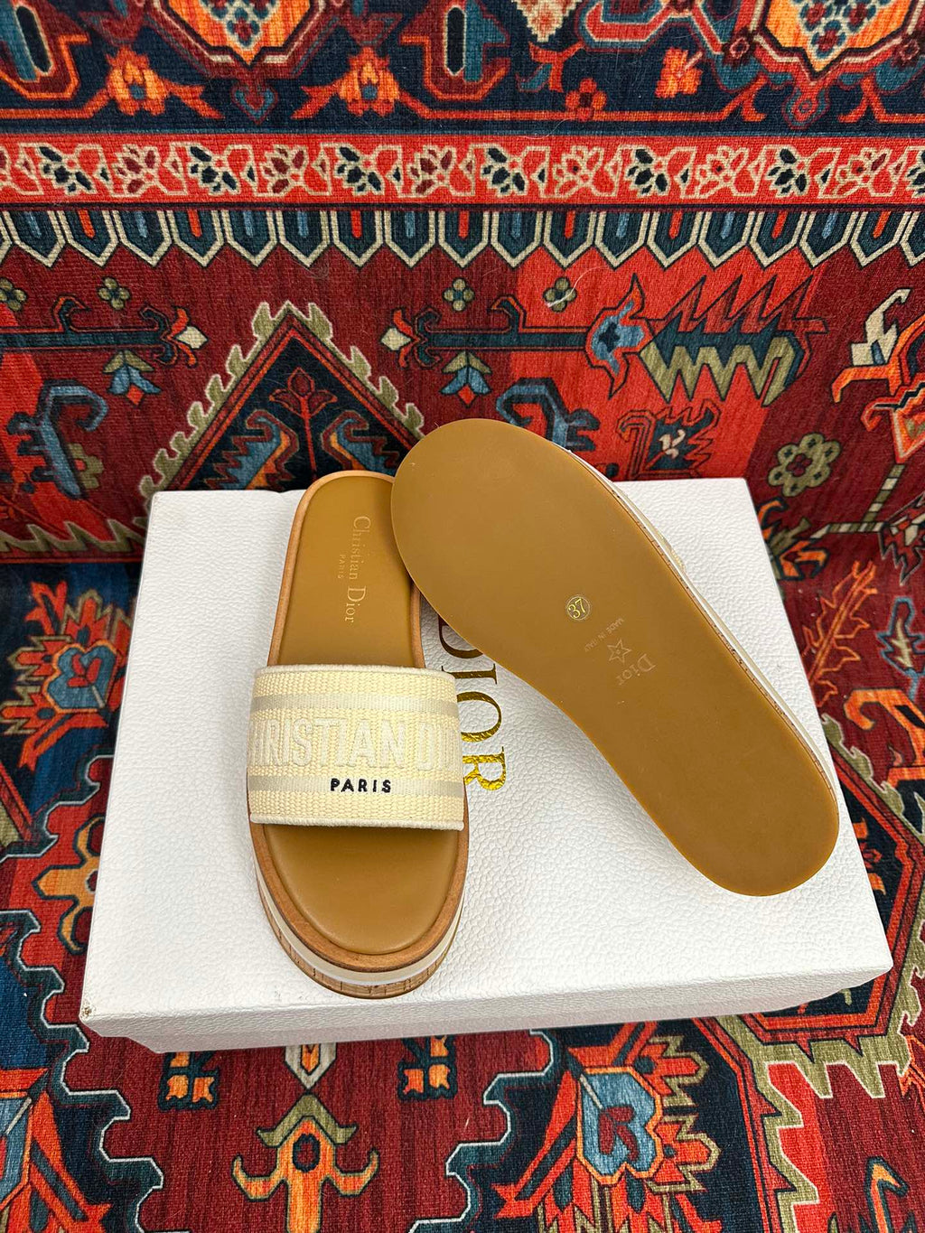 Natural Raffia & White Embroidered DD Platform Slide