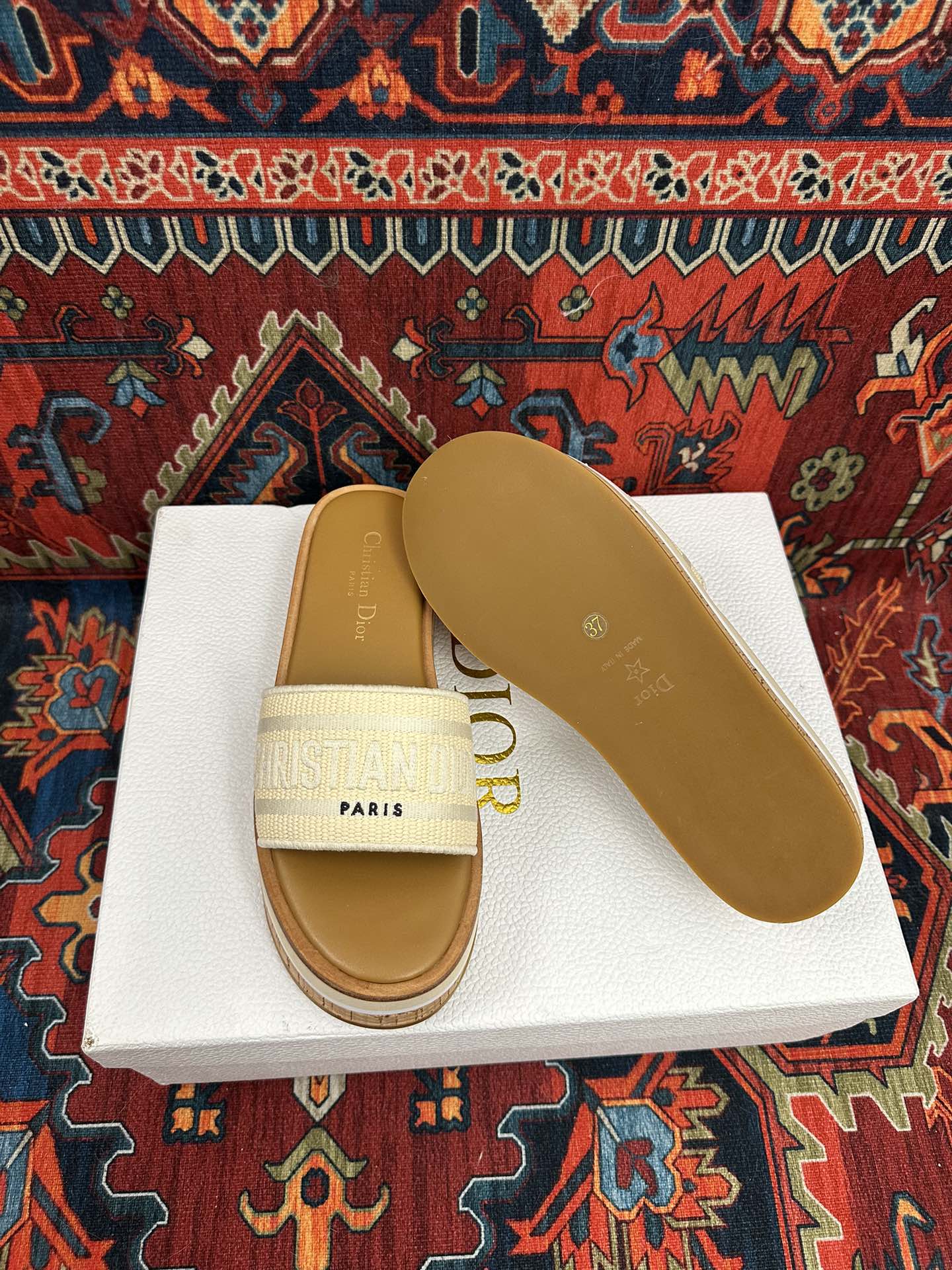 Natural Raffia & White Embroidered DD Platform Slide