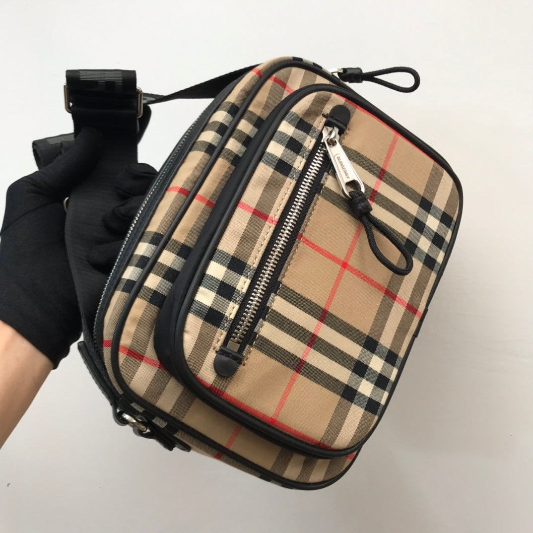 Beige Vintage Check and Leather Crossbody Bag