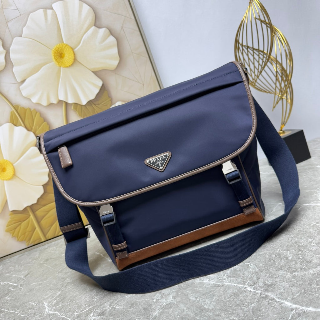 Blue/Coffee Large Re-Nylon & Leather Shoulder Bag