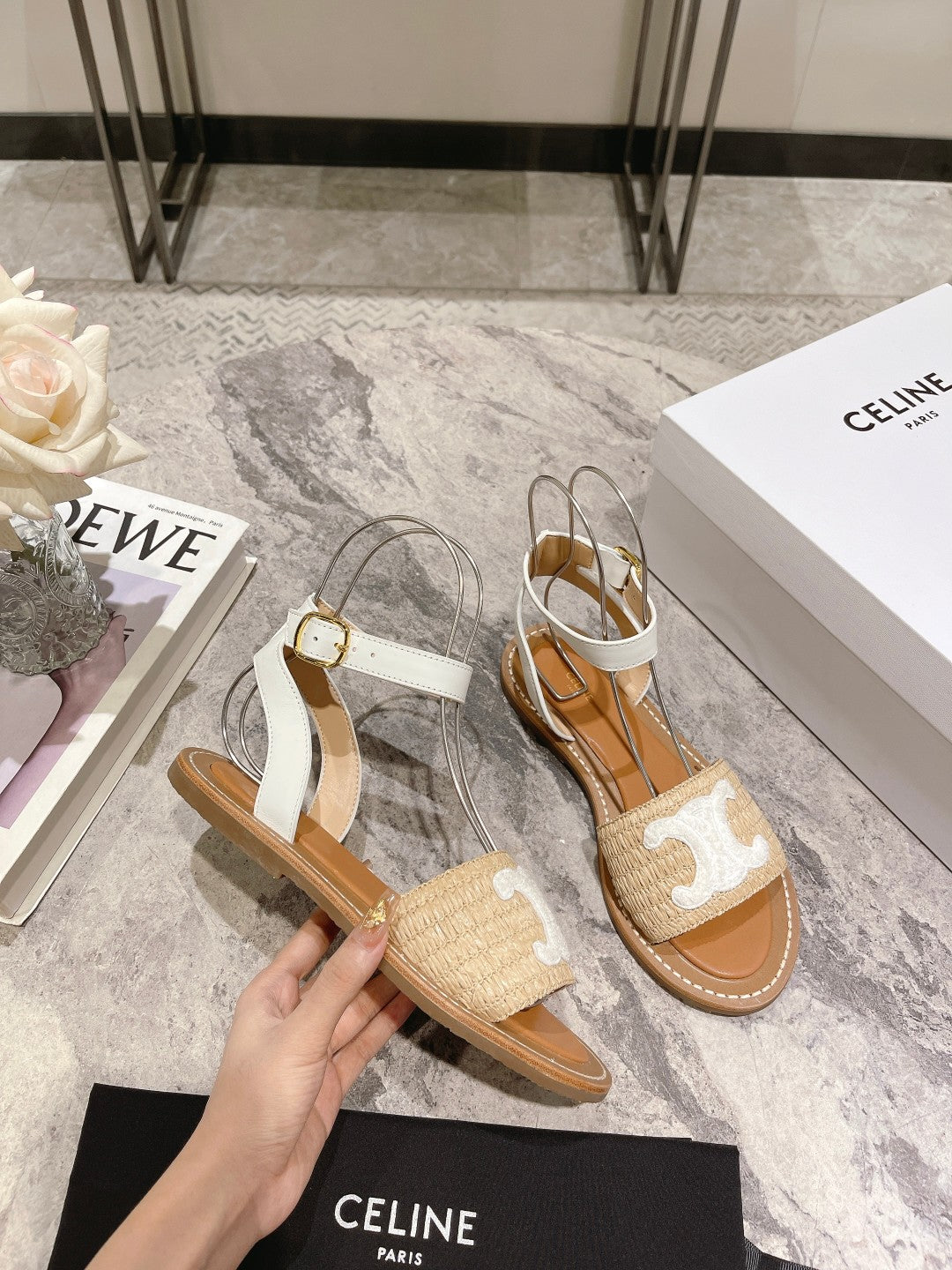 Beige & White CL Flat Strap Sandal