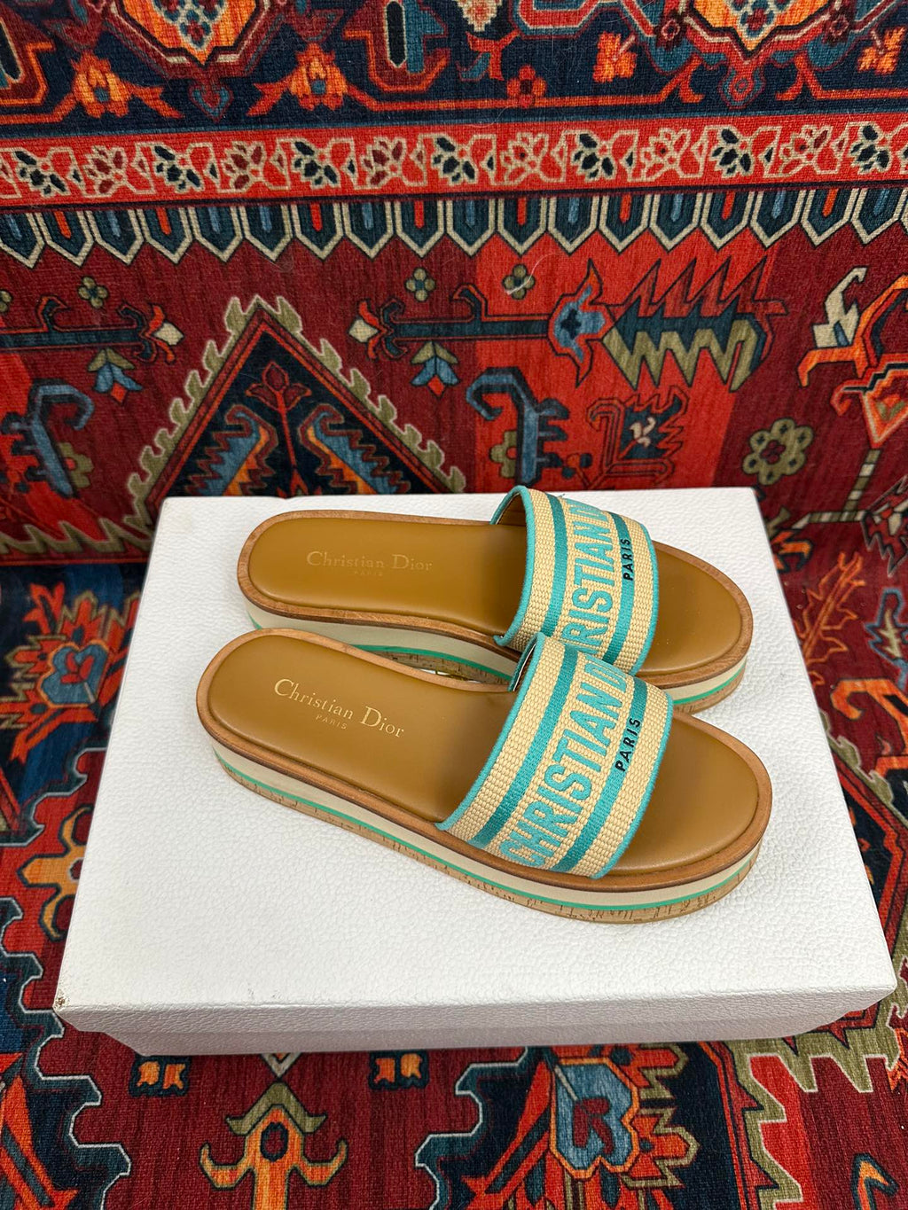 Natural Raffia & Aquamarina Embroidered DD Platform Slide