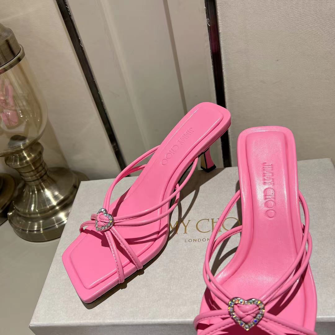 Candy Pink Leather Mules with Crystal Hearts