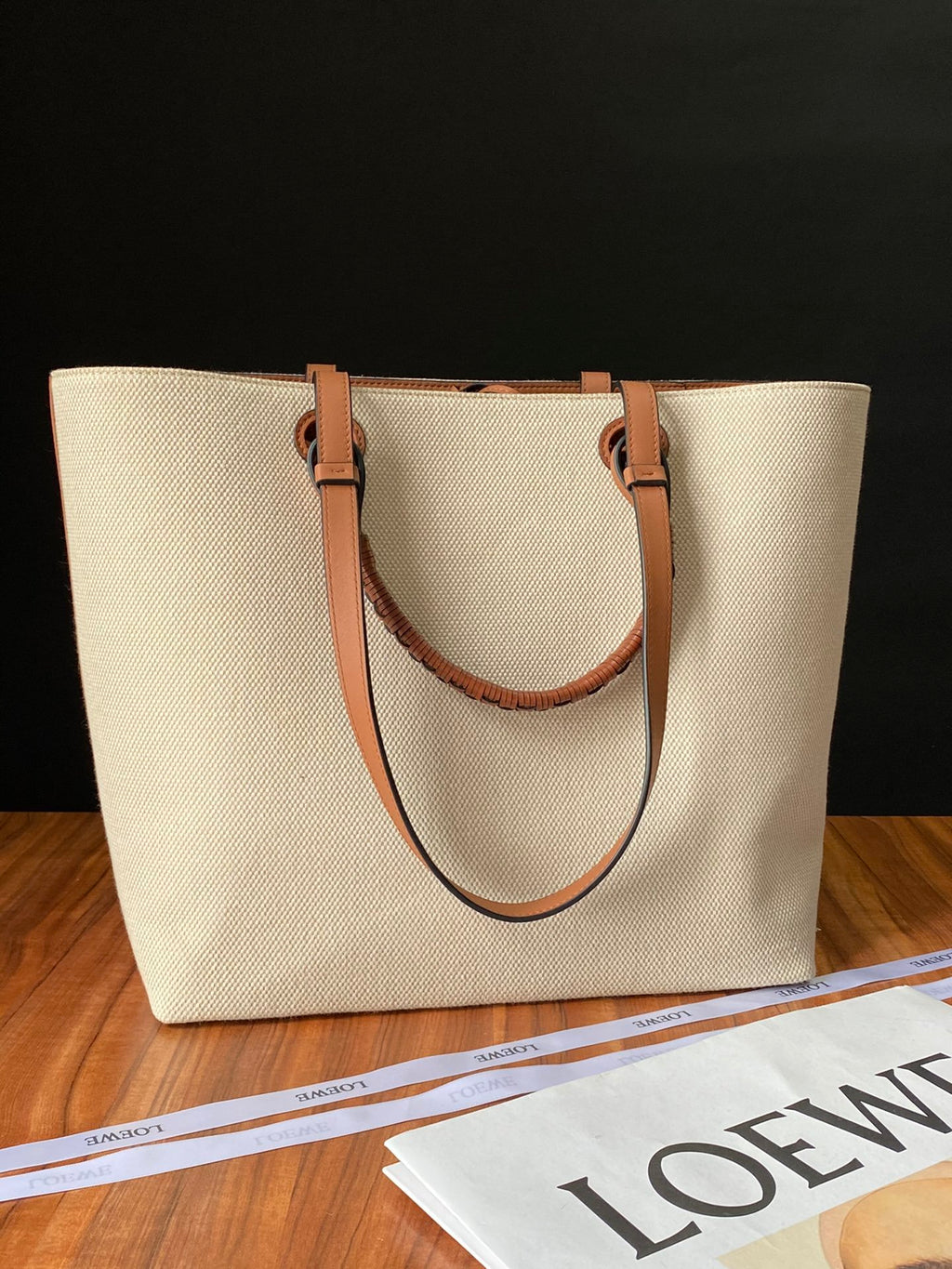 Ecru & tan small anagram tote bag