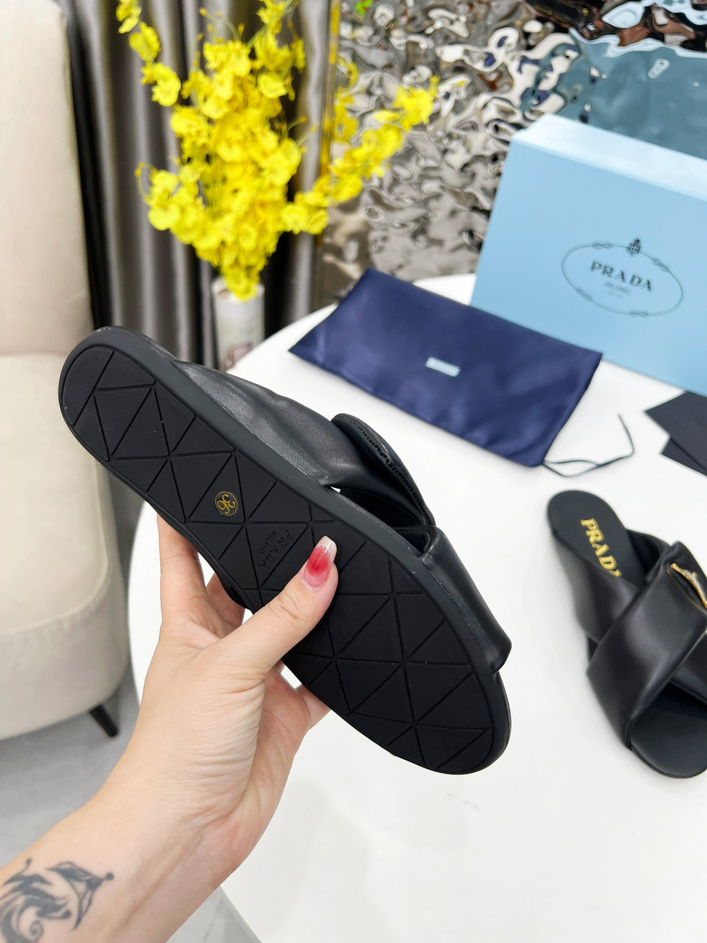 Black Padded Leather Slides