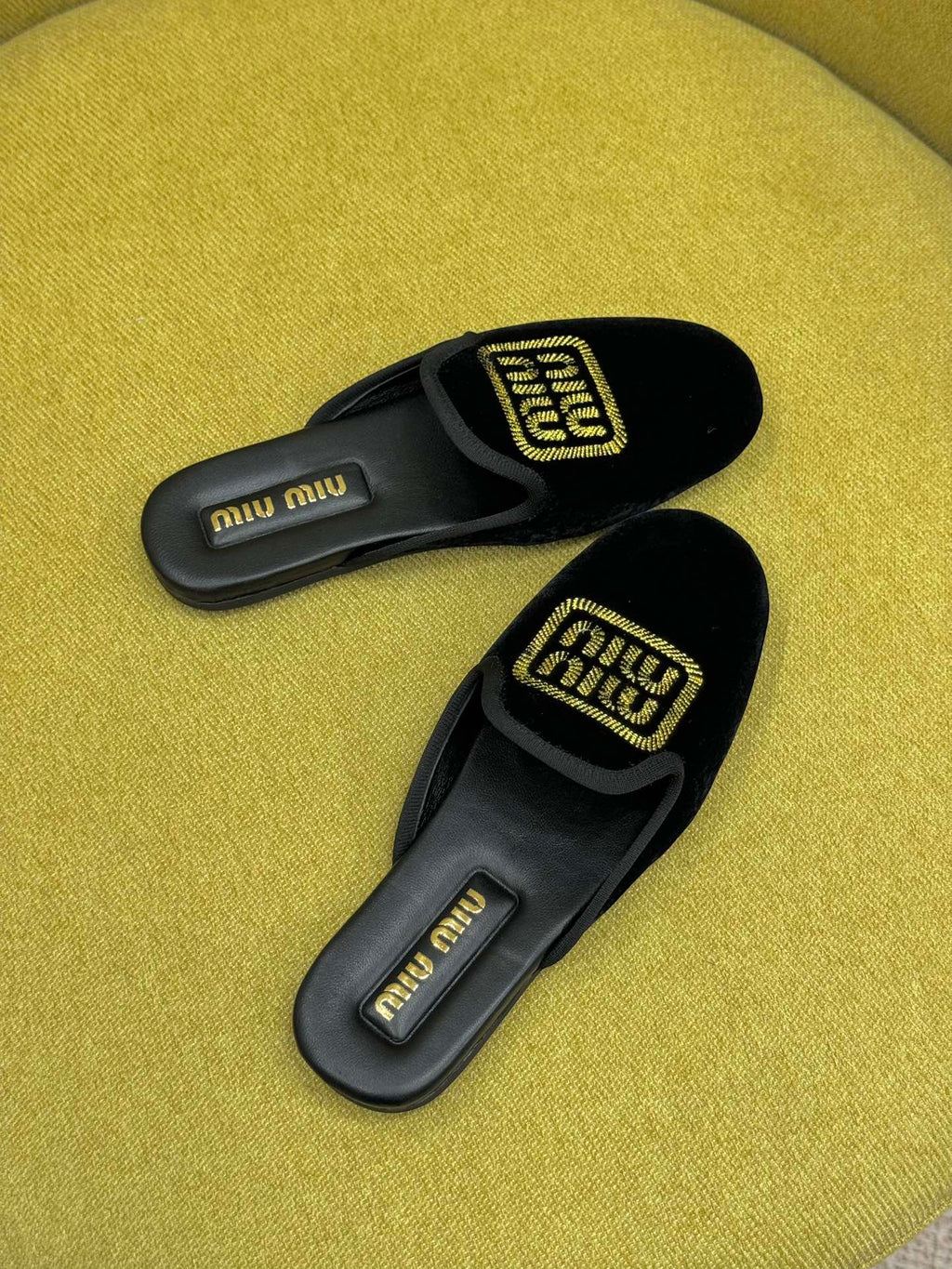 Black Velvet Slippers With Embroidered Logo