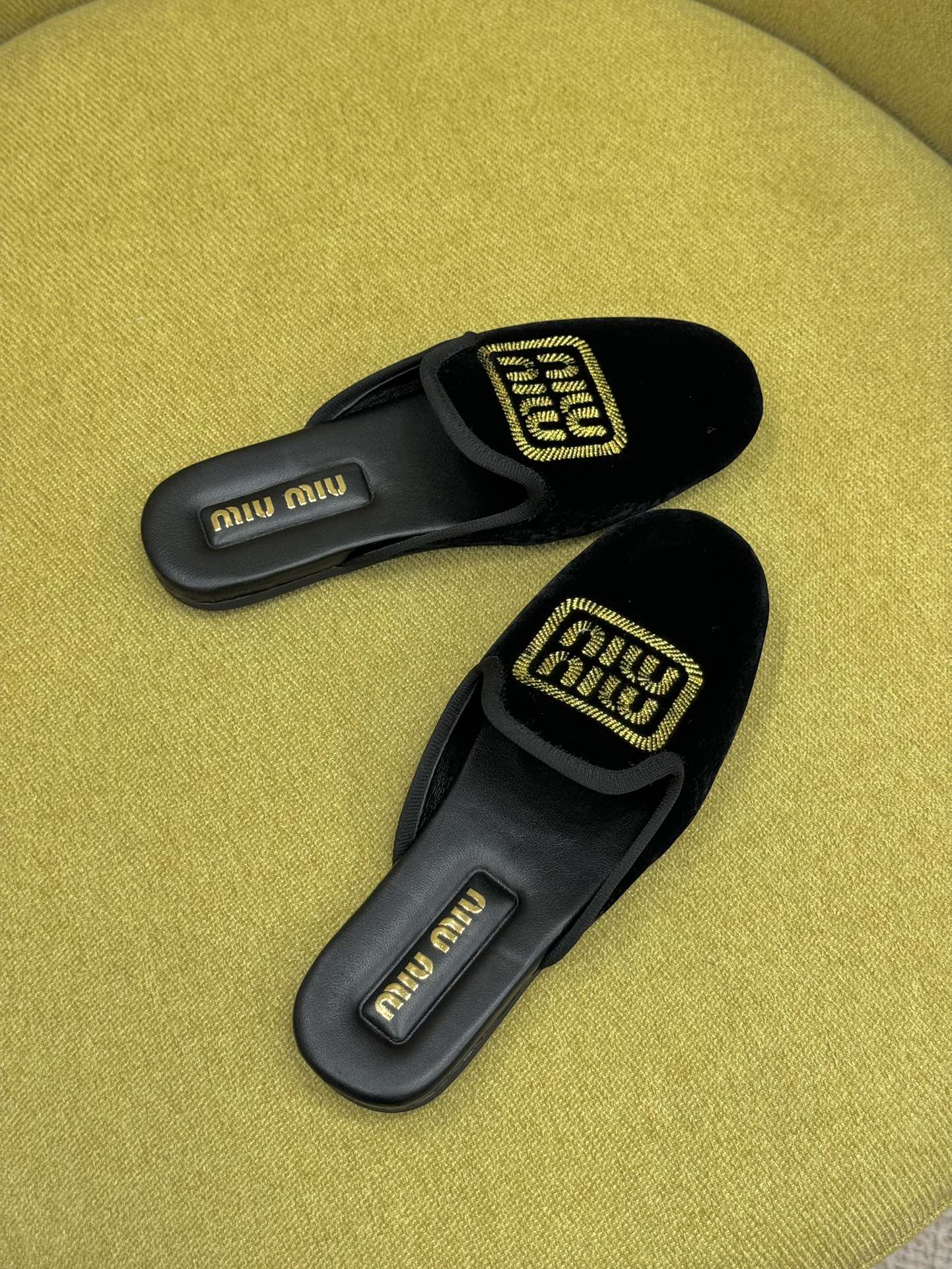 Black Velvet Slippers With Embroidered Logo