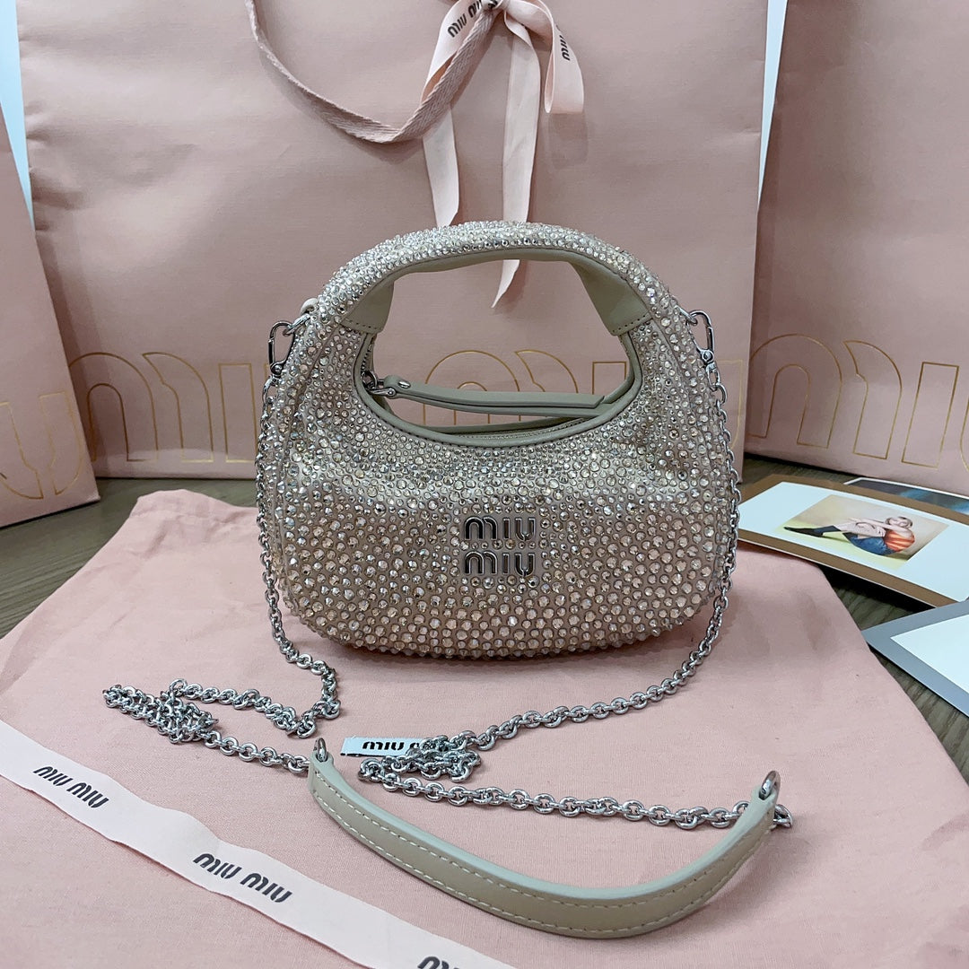 Sand Beige Wander Satin Mini Hobo Bag With Synthetic Crystals