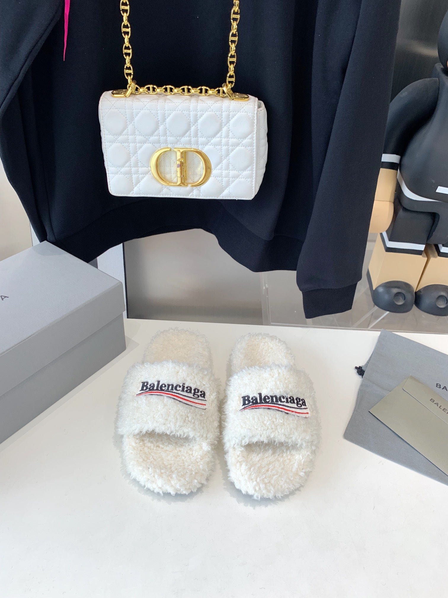 White Furry Slides Slip-On Sandals