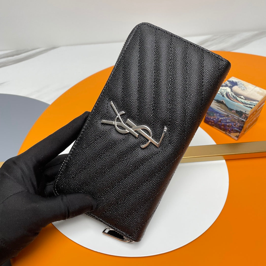 Black Zip-Around Wallet With Silver-Tone Hardware