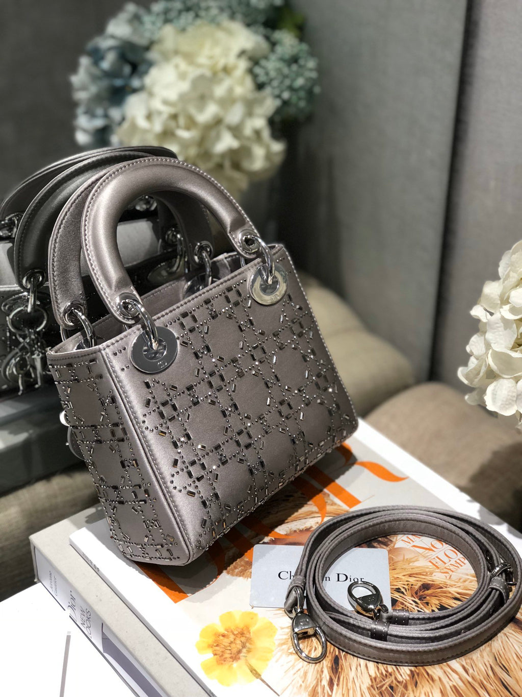 Gray Strass Cannage Satin Mini LD Bag