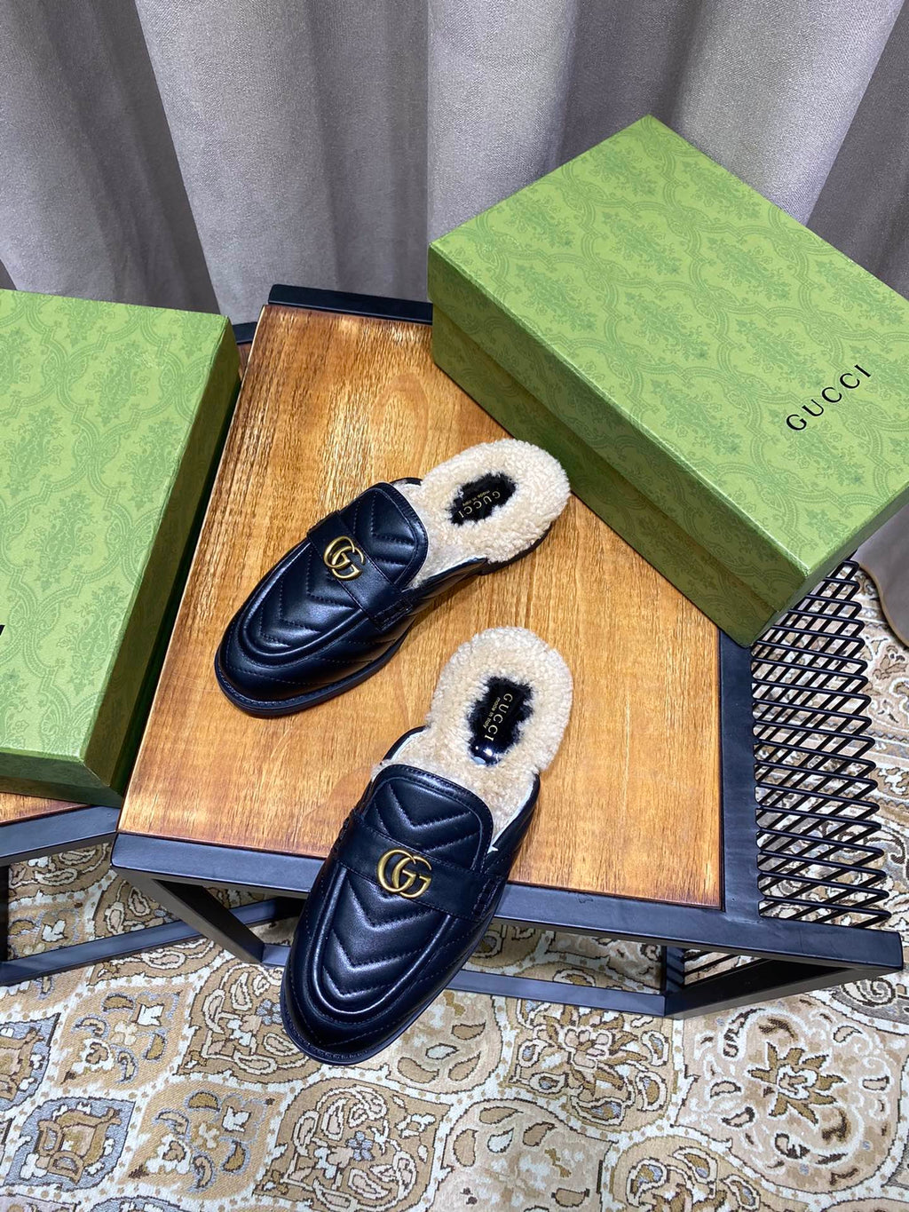 Black chevron matelassé slipper