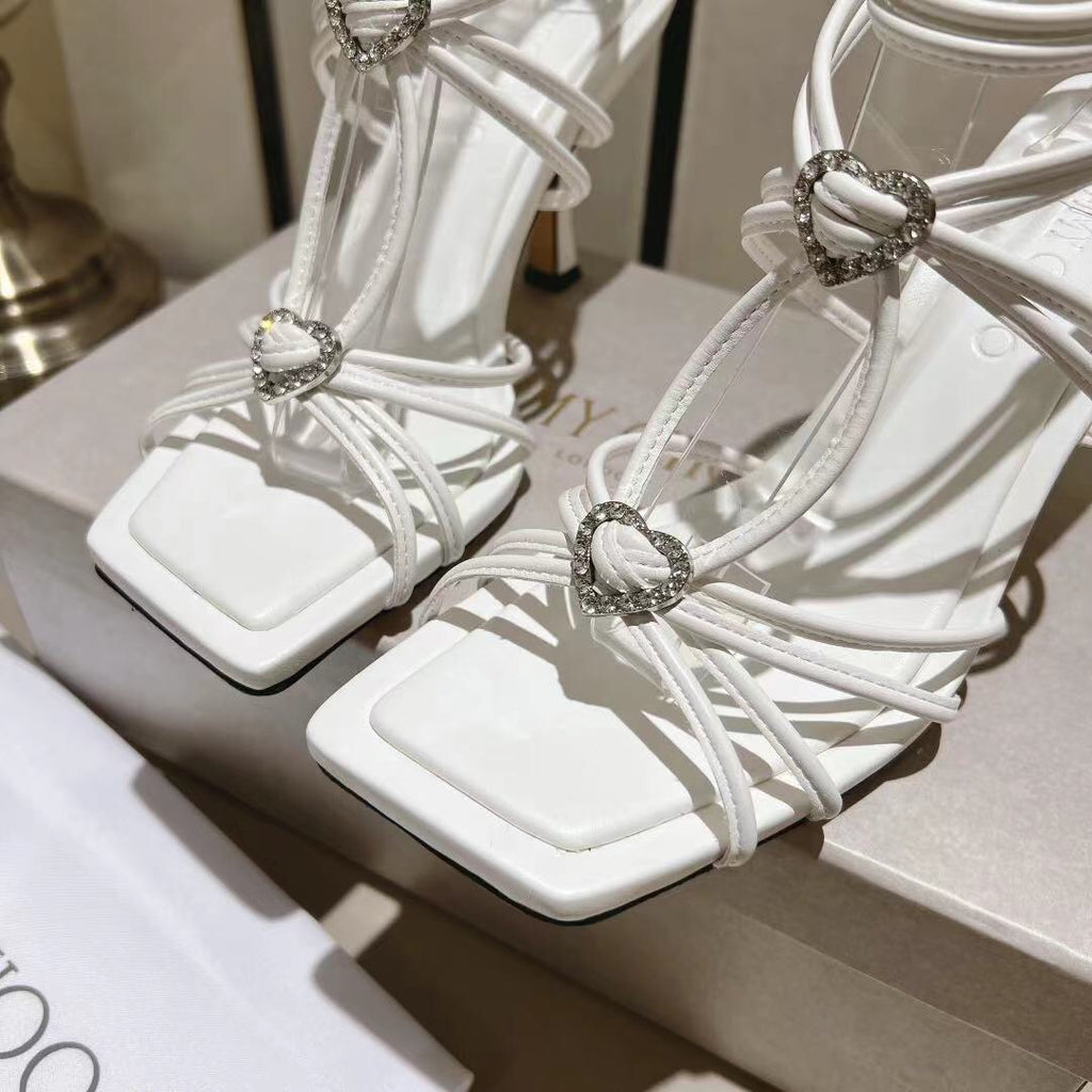 Latte Leather Sandals With Crystal Hearts