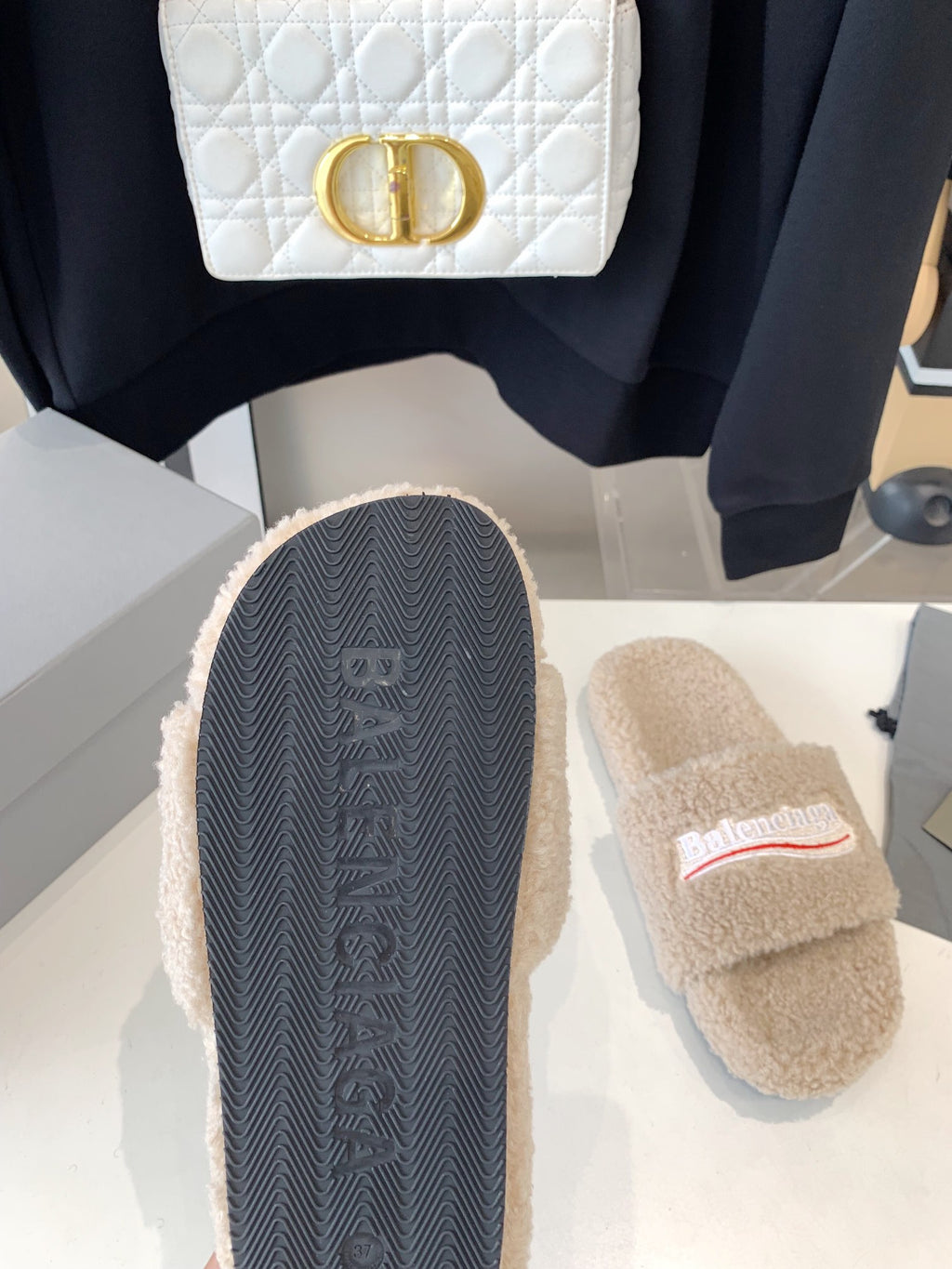 Beige Furry Slides Slip-On Sandals
