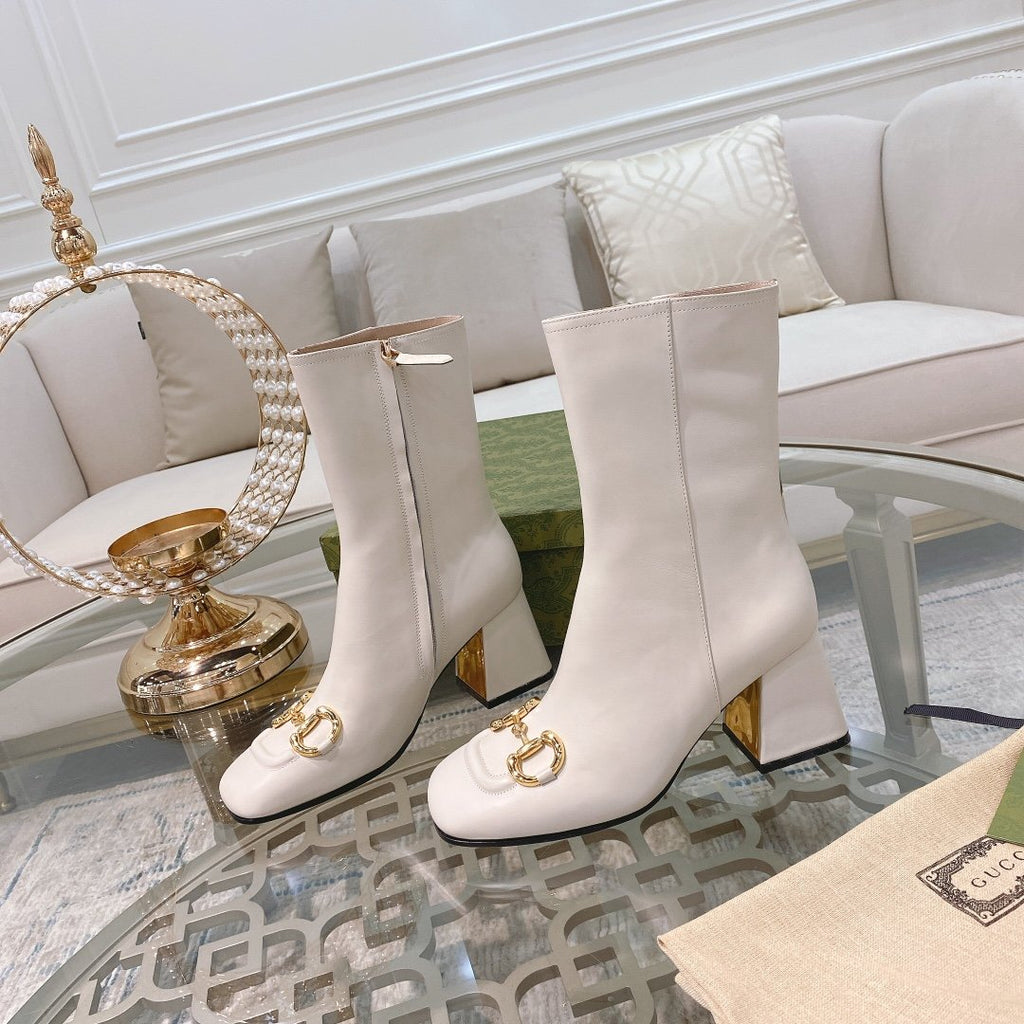 White GH mid-heel ankle boot