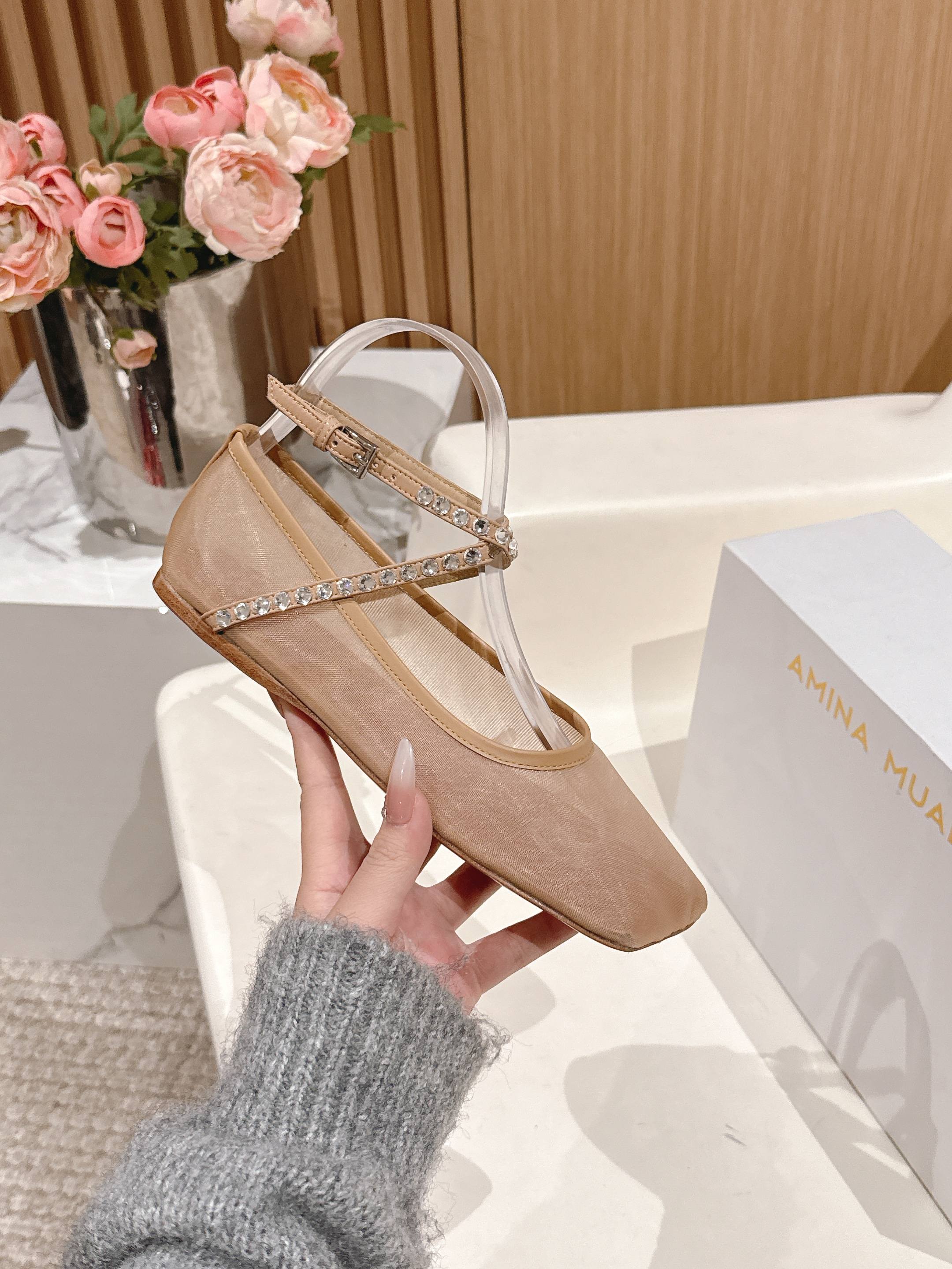 Latte Ane Mesh Crystal Flat