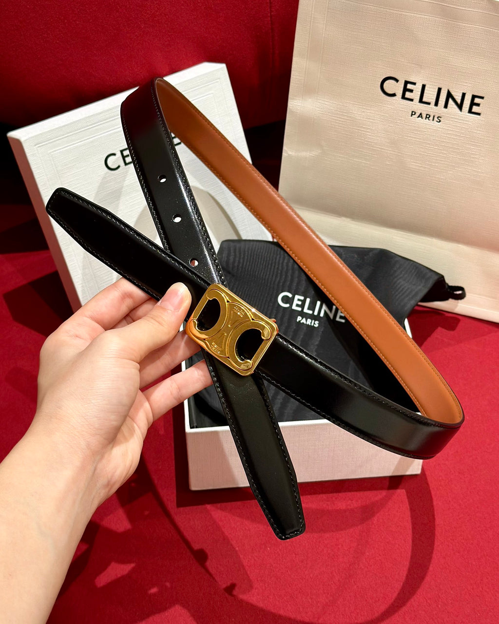 Tan/Black Medium Reversible Framed Triomphe Belt