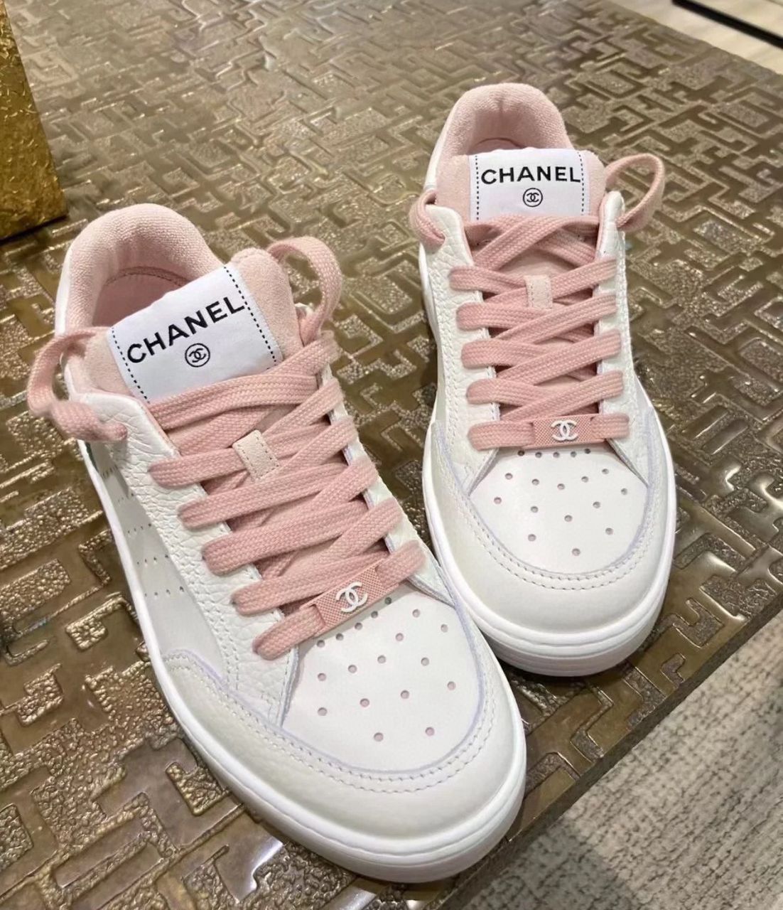 White & Pink CC Sneakers