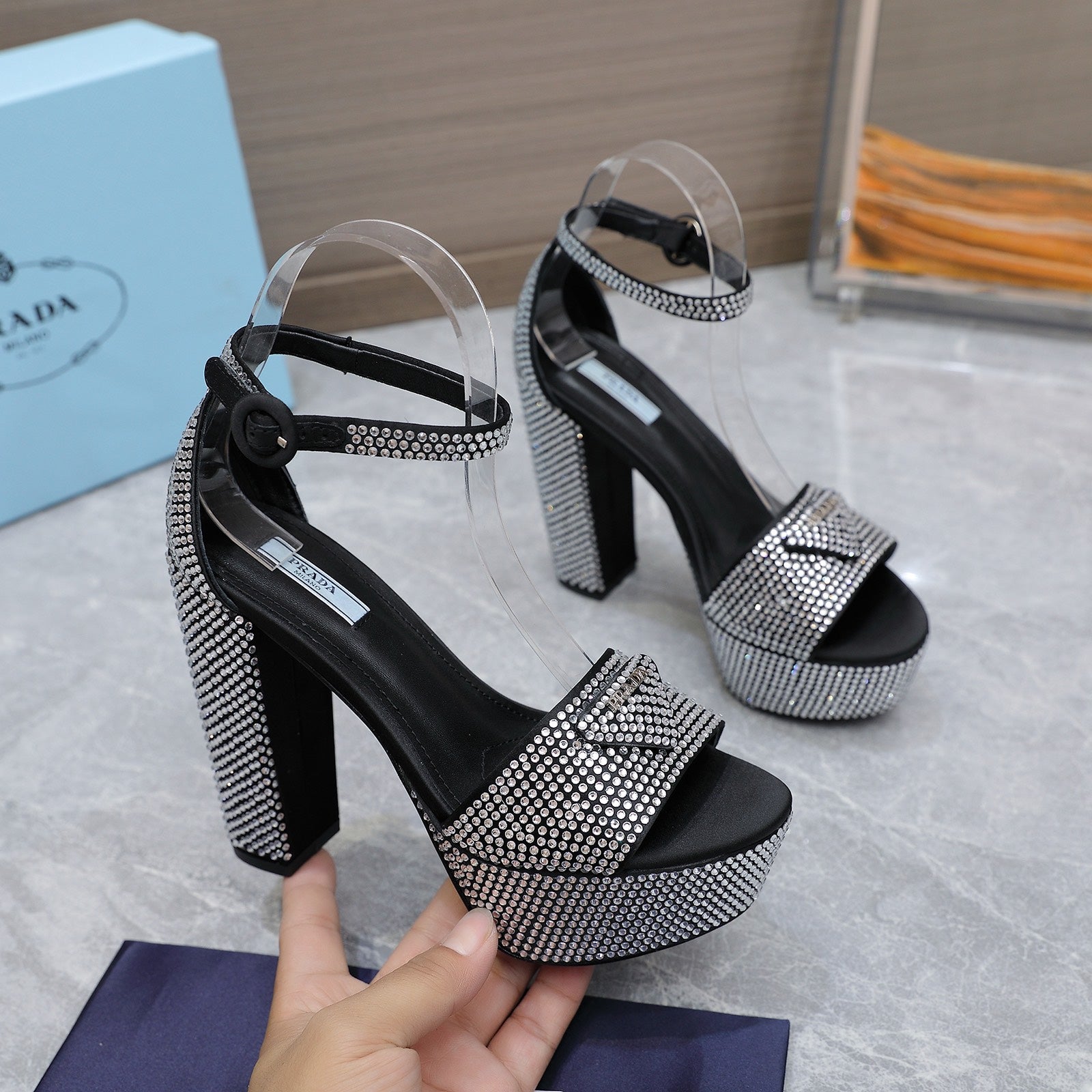 Black Satin Platform Sandals With Crystals
