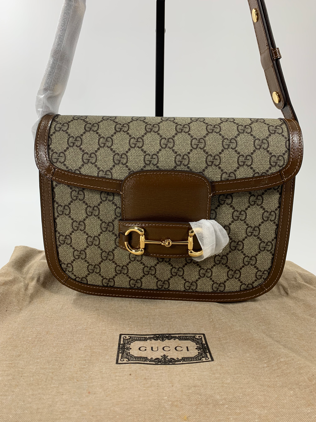 Beige & dark-brown GH medium printed coated-canvas shoulder bag