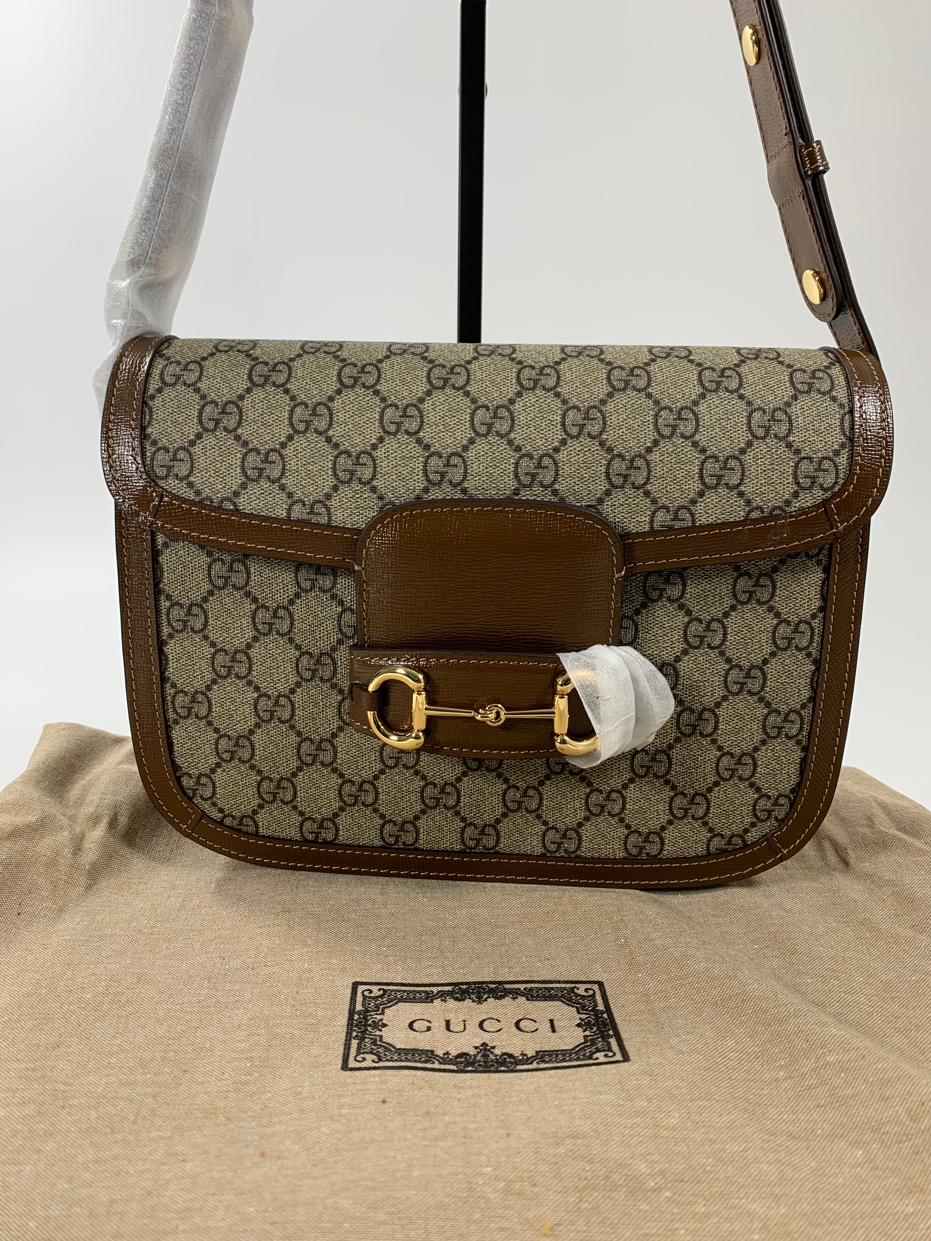 Beige & dark-brown GH medium printed coated-canvas shoulder bag