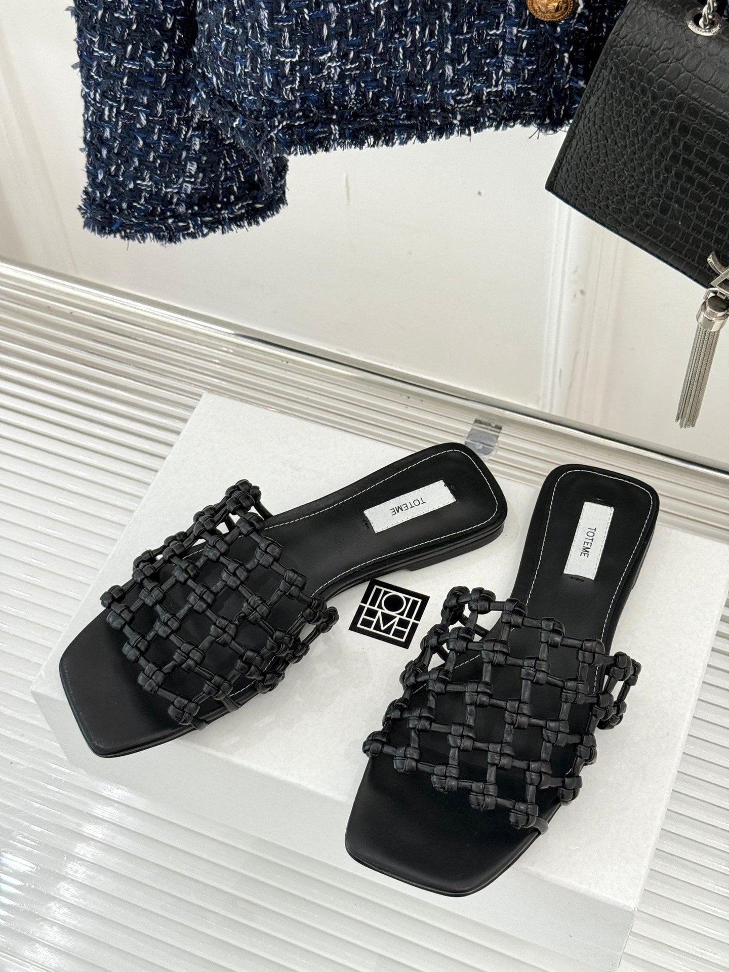 Black Braided-Leather Bandeau Slides