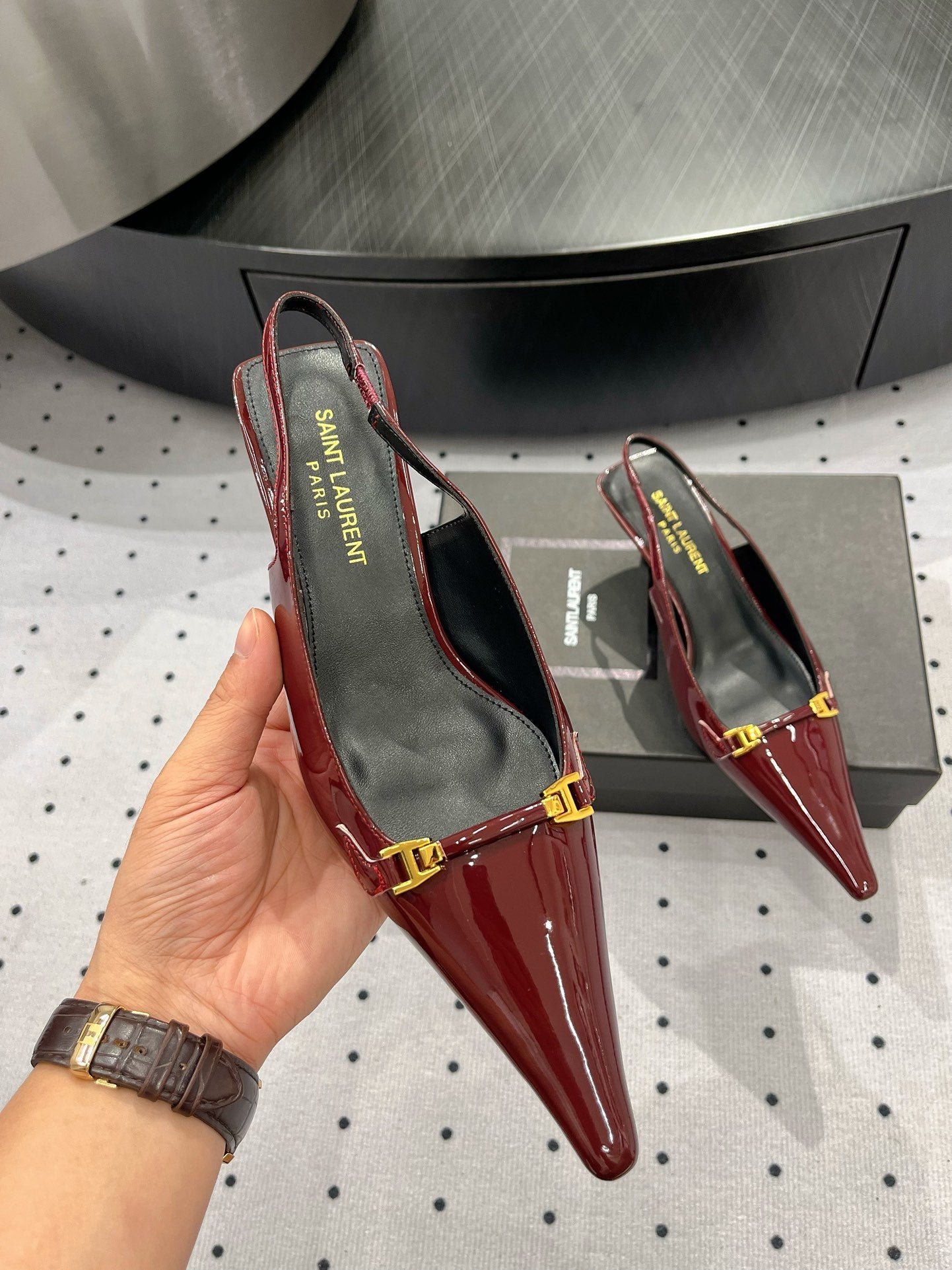 Deep Bordeaux YC Slingback Pumps In Patent Leathe