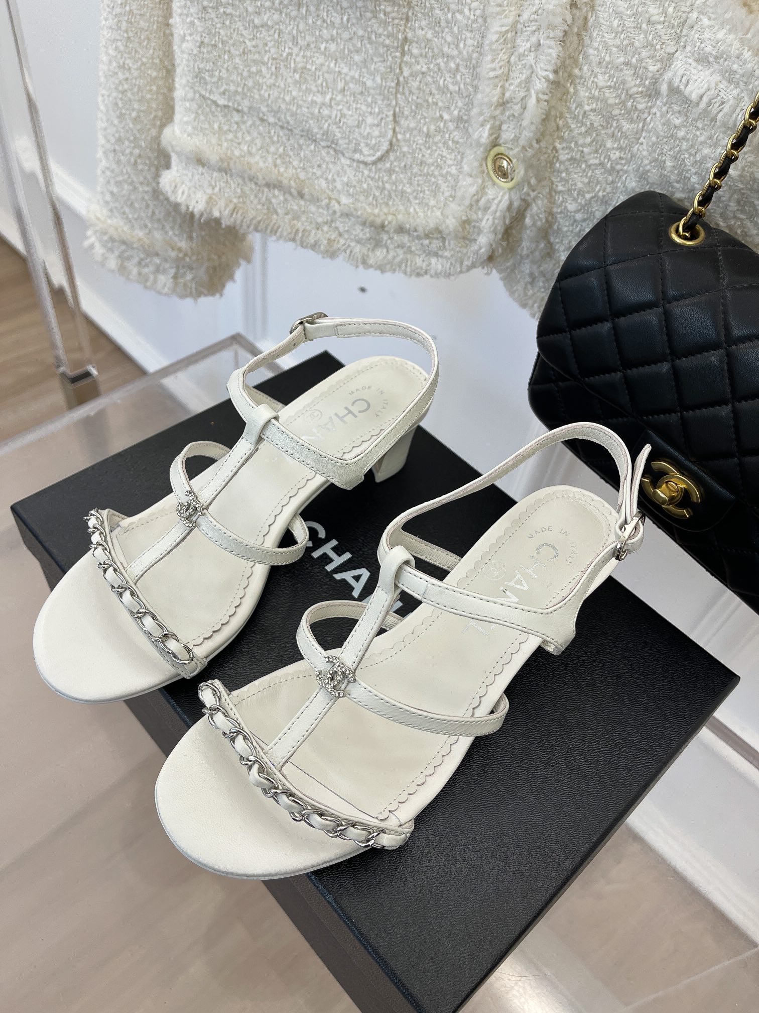 White CC leather & metal sandals