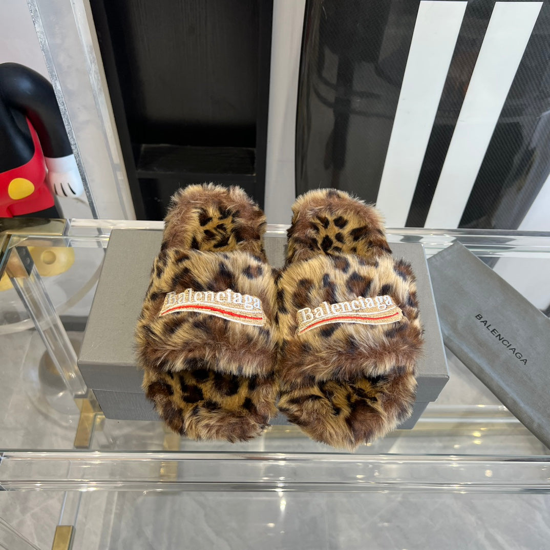 Brown & Black Furry Slides Slip-On Sandals