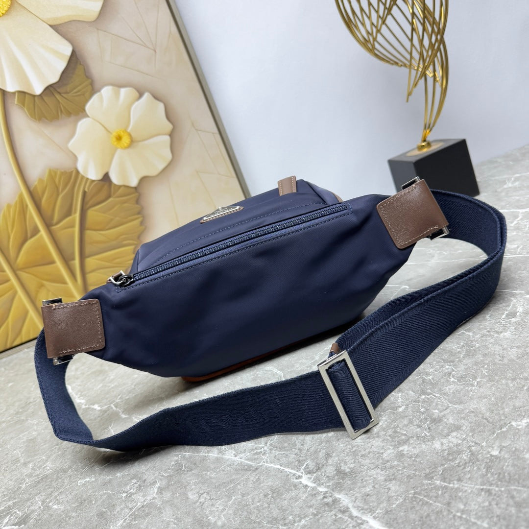 Blue/Coffee Small Re-Nylon & Leather Shoulder Bag