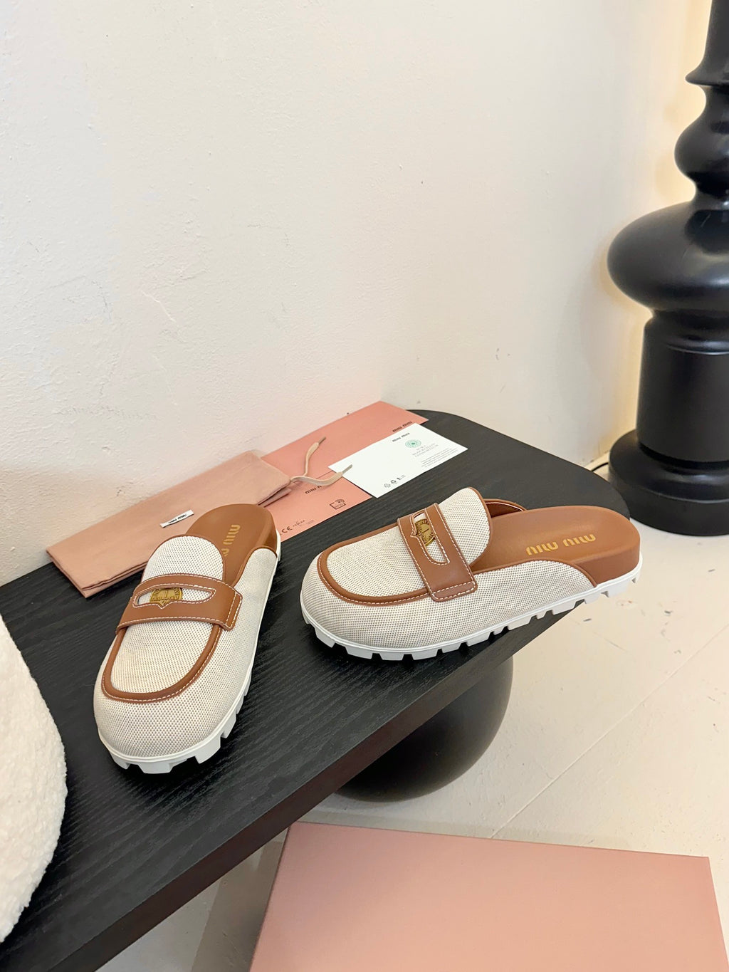 Beige/Brandy Canvas & Leather Mules