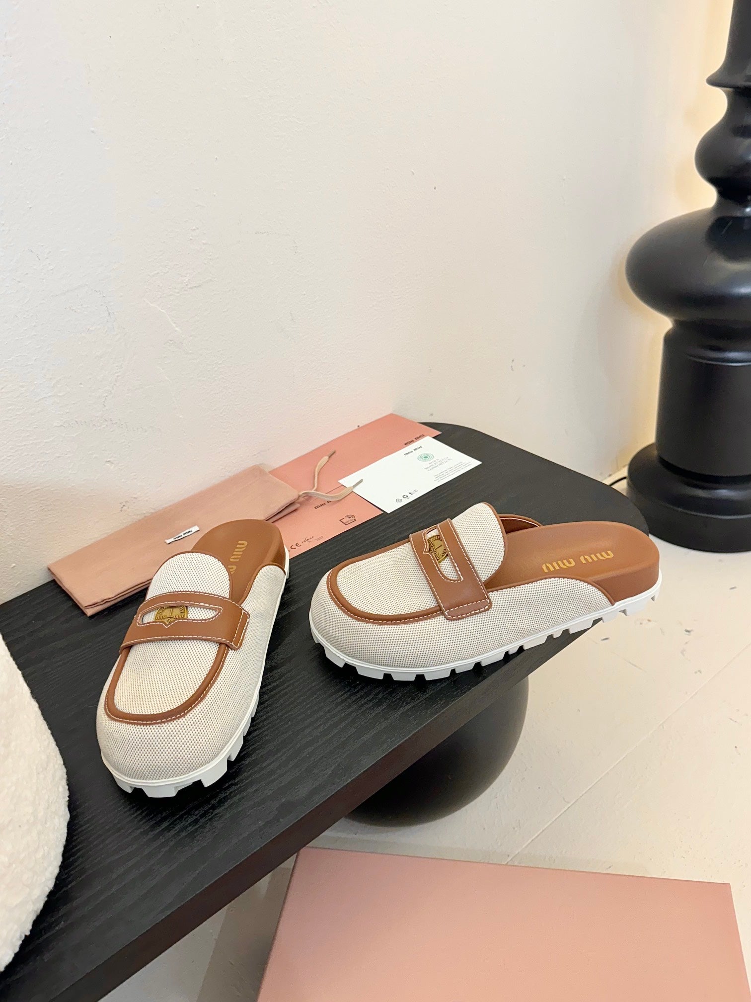 Beige/Brandy Canvas & Leather Mules