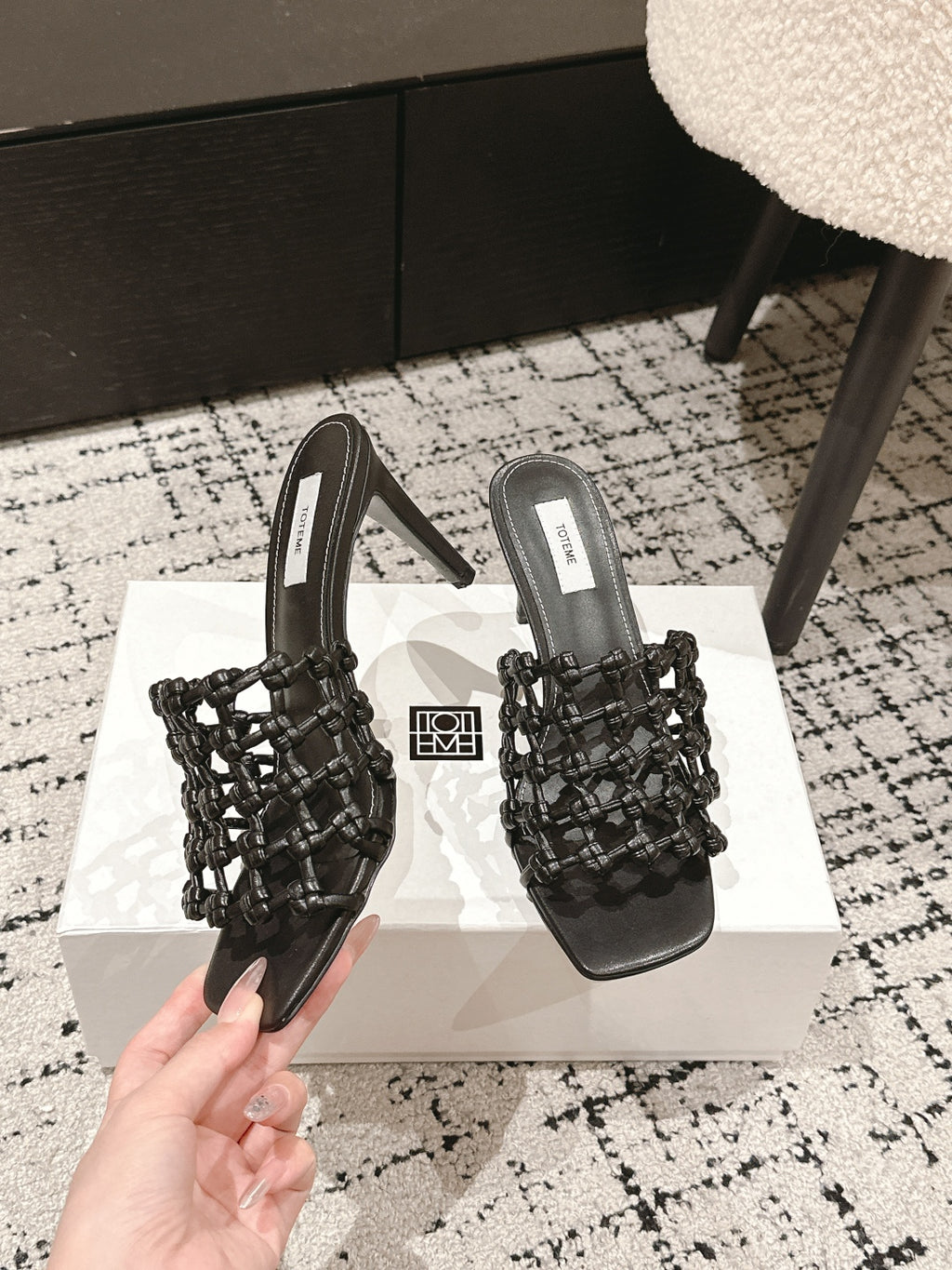 Black Braided-Leather Bandeau Mules